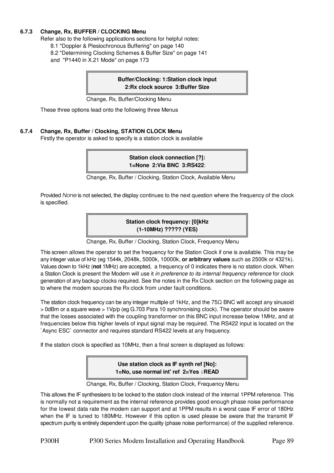 Paradise P300 specifications Change, Rx, Buffer / Clocking Menu, Change, Rx, Buffer / Clocking, Station Clock Menu 
