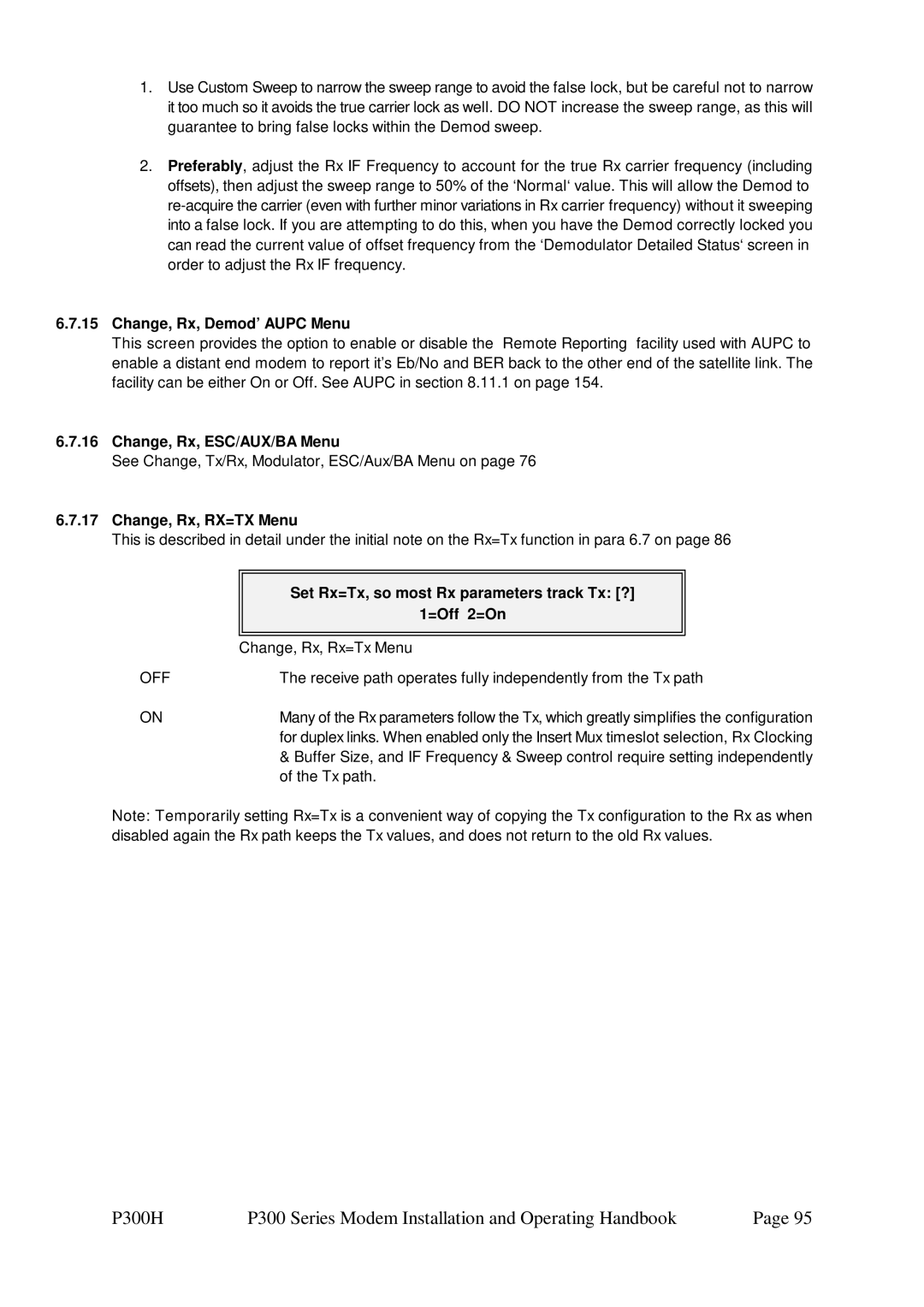 Paradise P300 specifications Change, Rx, Demod’ Aupc Menu, Change, Rx, ESC/AUX/BA Menu, Change, Rx, RX=TX Menu 