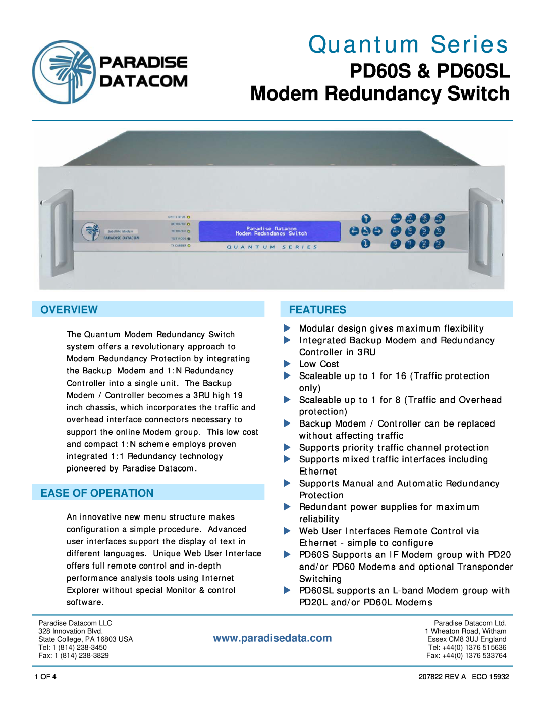 Paradise manual Overview, Ease Of Operation, Features, Quantum Series, PD60S & PD60SL Modem Redundancy Switch 