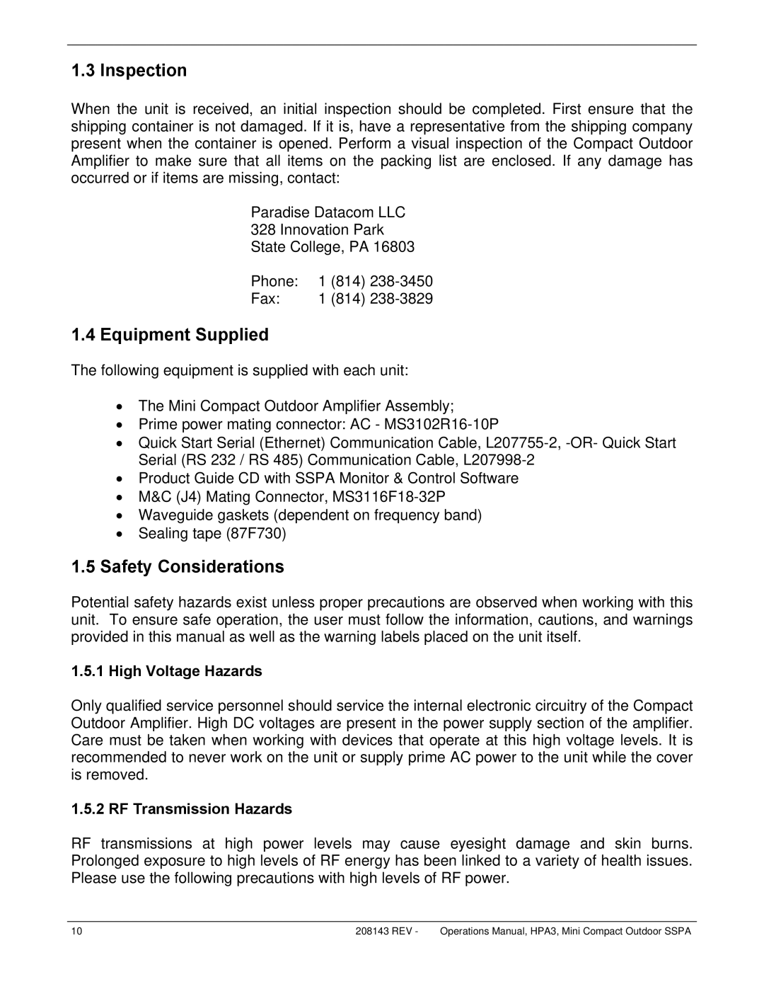 Paradise RA 5785 Inspection, Equipment Supplied, Safety Considerations, High Voltage Hazards, RF Transmission Hazards 