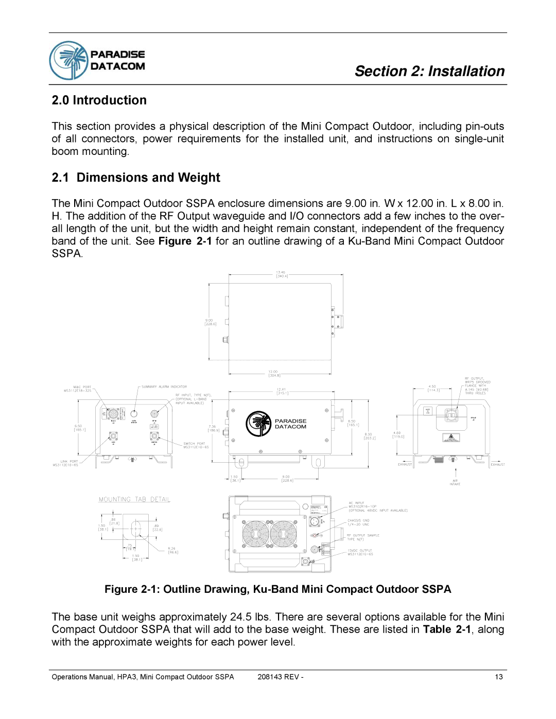 Paradise RA 5785 manual Installation, Dimensions and Weight 