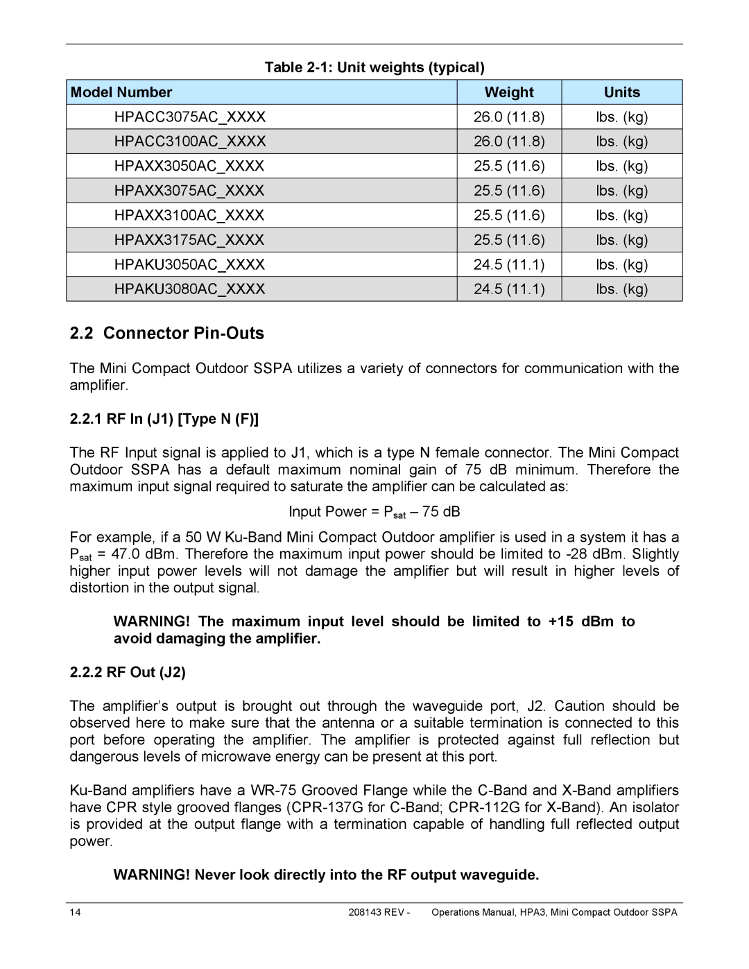 Paradise RA 5785 manual Connector Pin-Outs, Unit weights typical Model Number Weight Units, RF In J1 Type N F, RF Out J2 