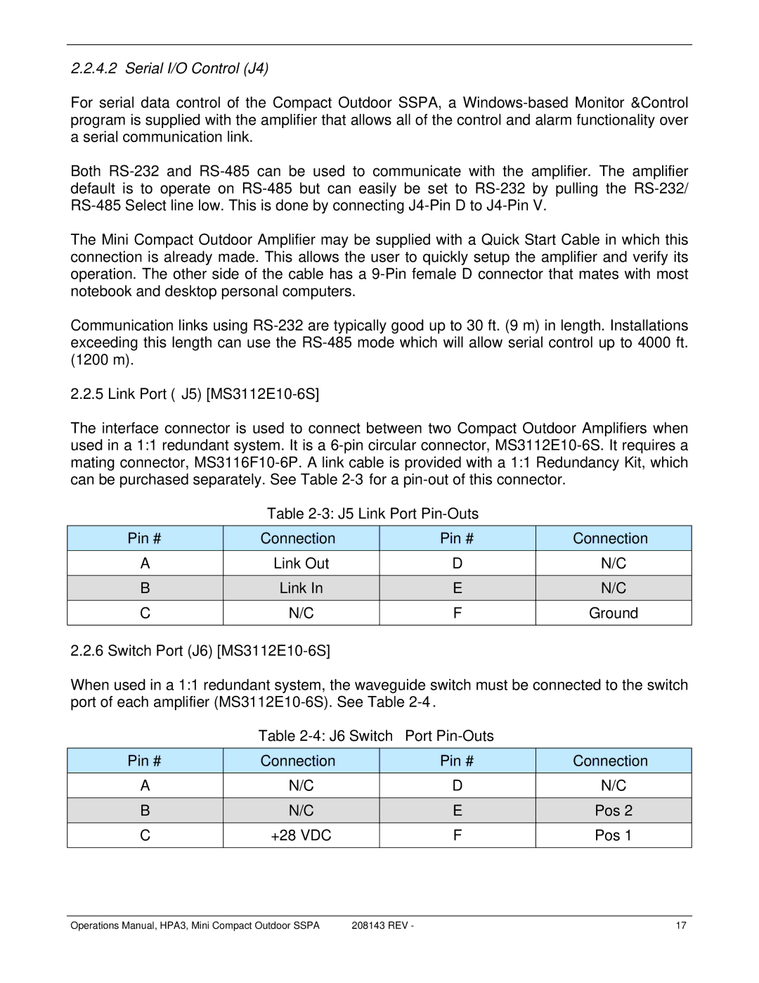 Paradise RA 5785 manual Serial I/O Control J4, Link Port J5 MS3112E10-6S, J5 Link Port Pin-Outs Pin # Connection 