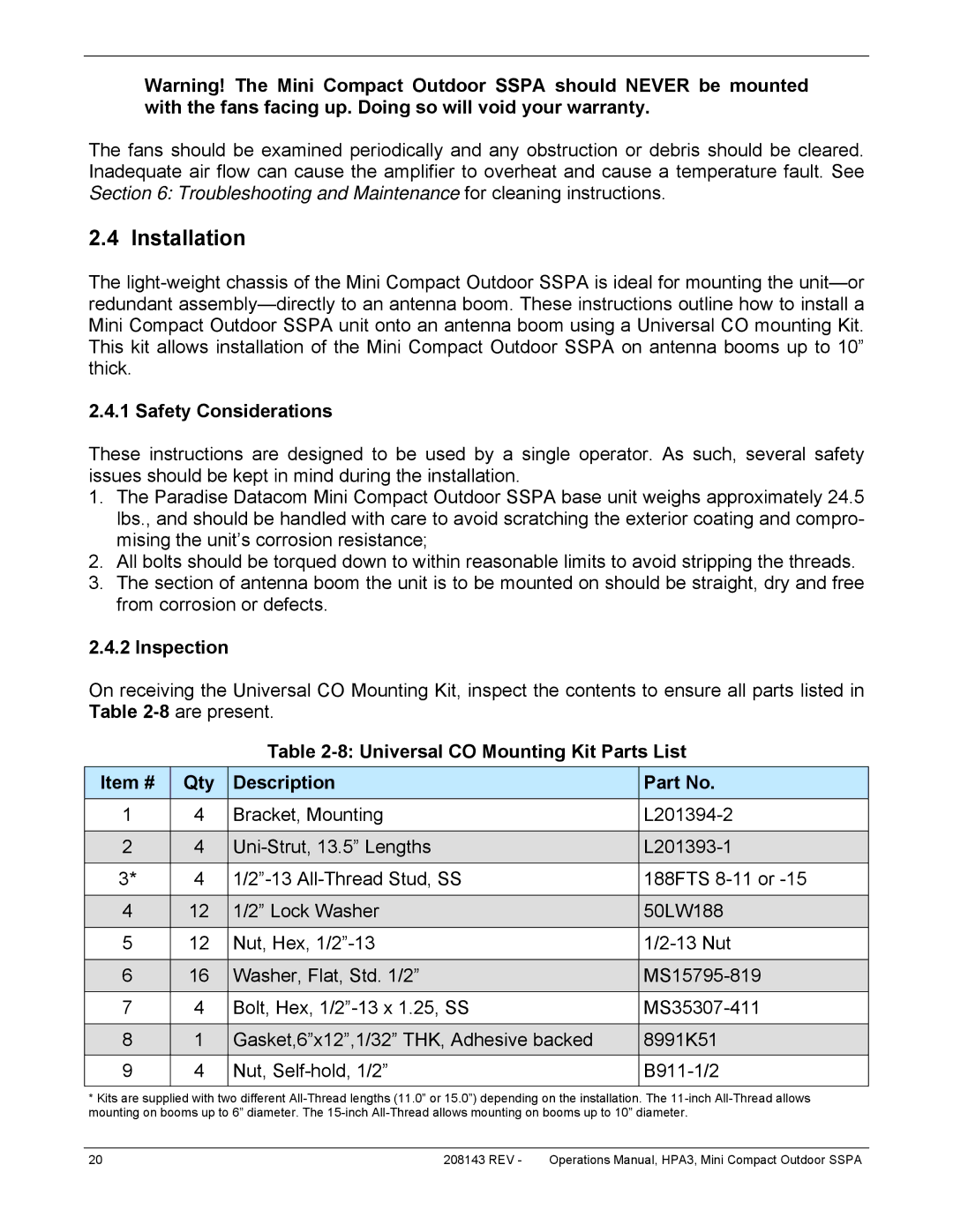 Paradise RA 5785 manual Installation, Safety Considerations, Inspection 