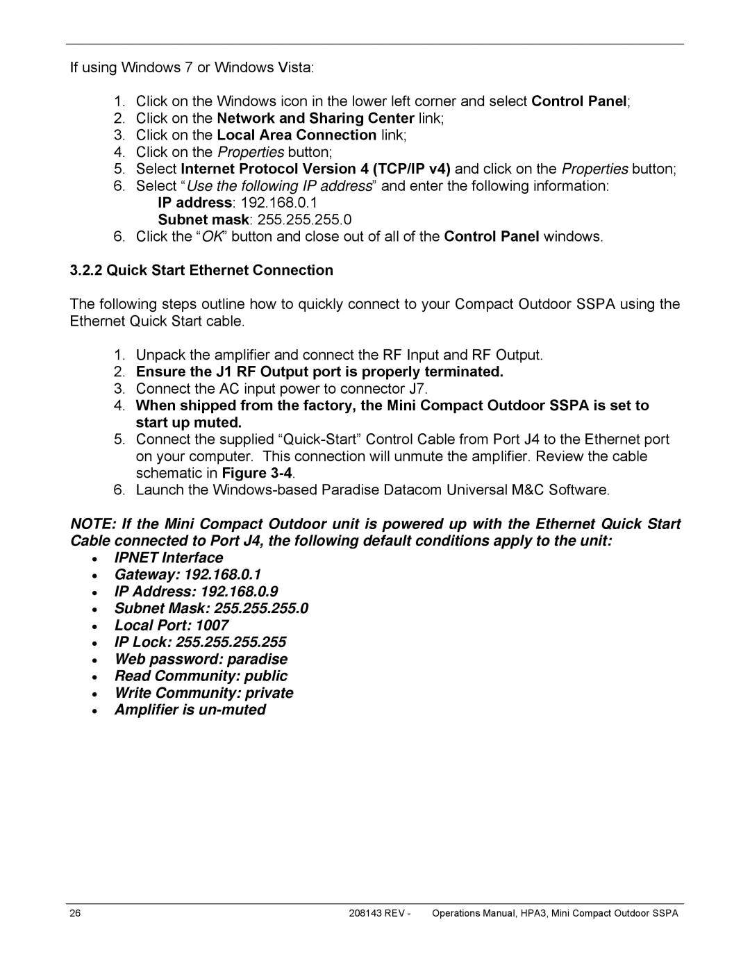 Paradise RA 5785 manual Quick Start Ethernet Connection, Ensure the J1 RF Output port is properly terminated 