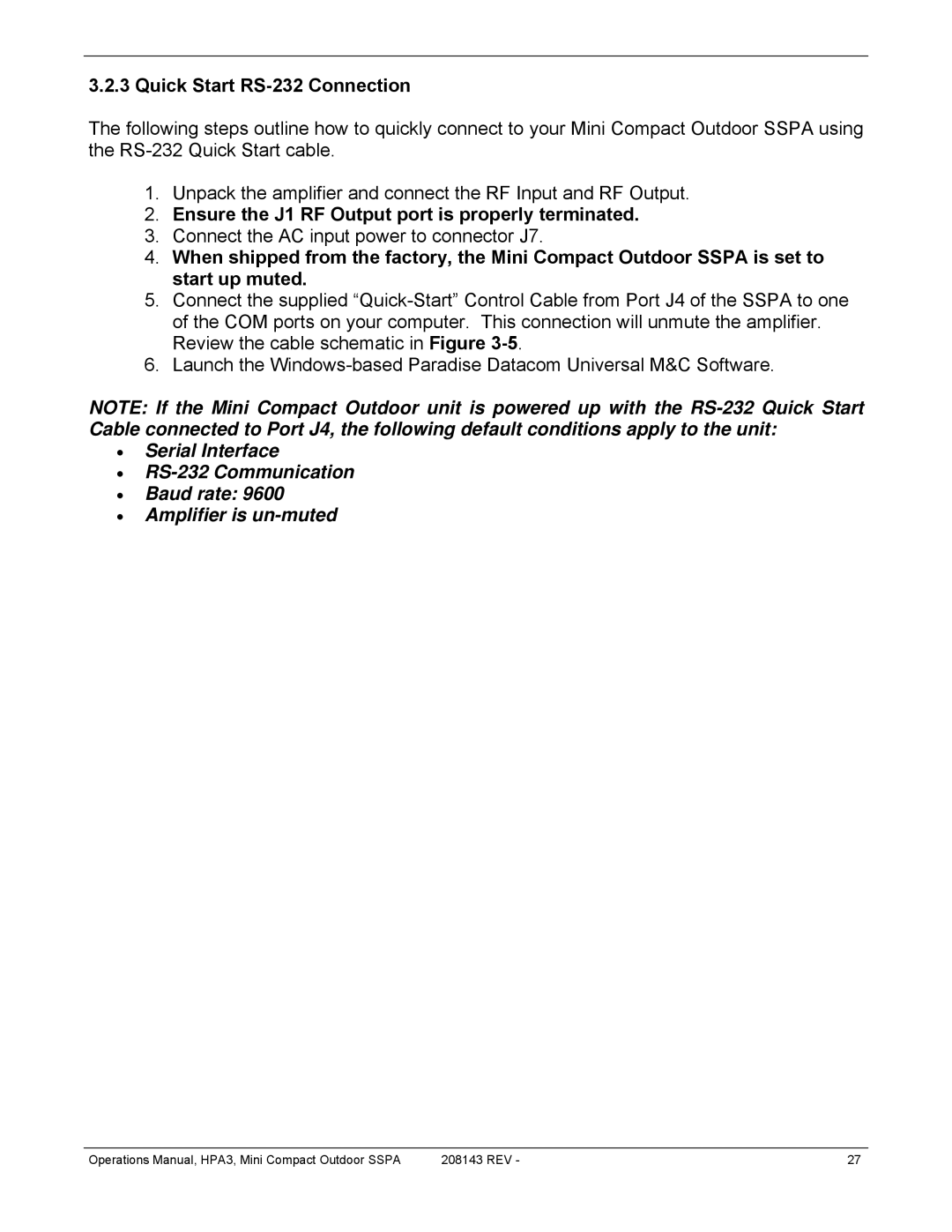 Paradise RA 5785 manual Quick Start RS-232 Connection 