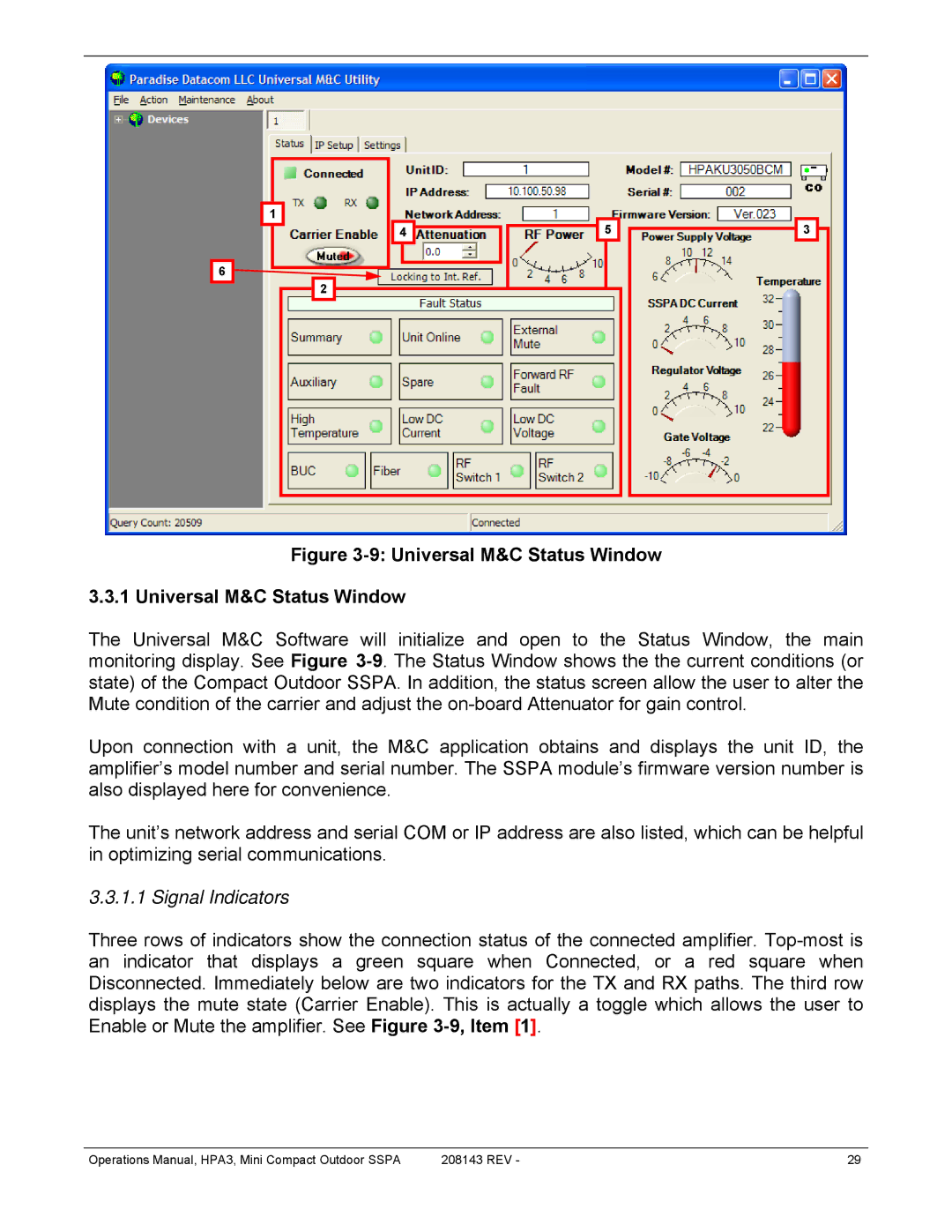 Paradise RA 5785 manual Universal M&C Status Window, Signal Indicators 