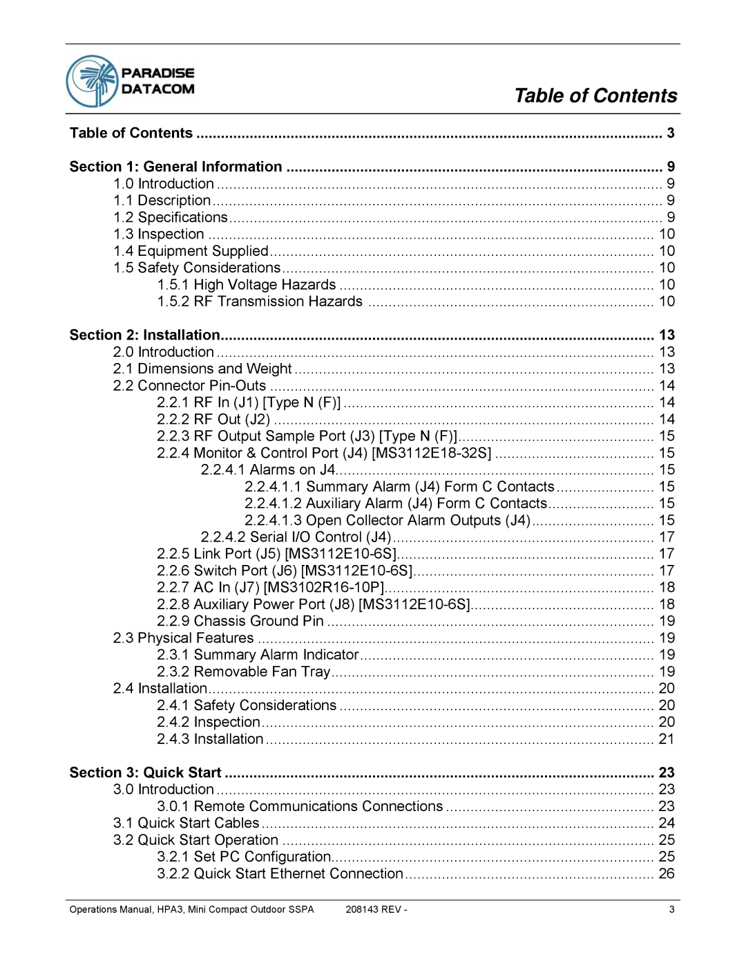 Paradise RA 5785 manual Table of Contents 