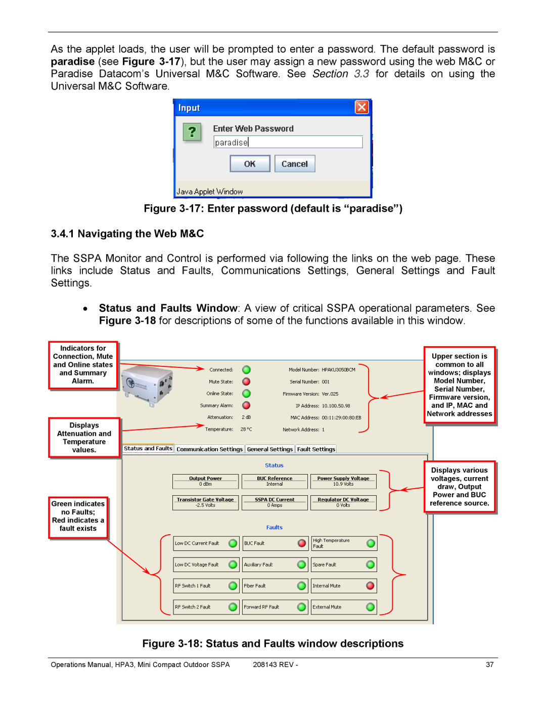 Paradise RA 5785 manual Enter password default is paradise Navigating the Web M&C 