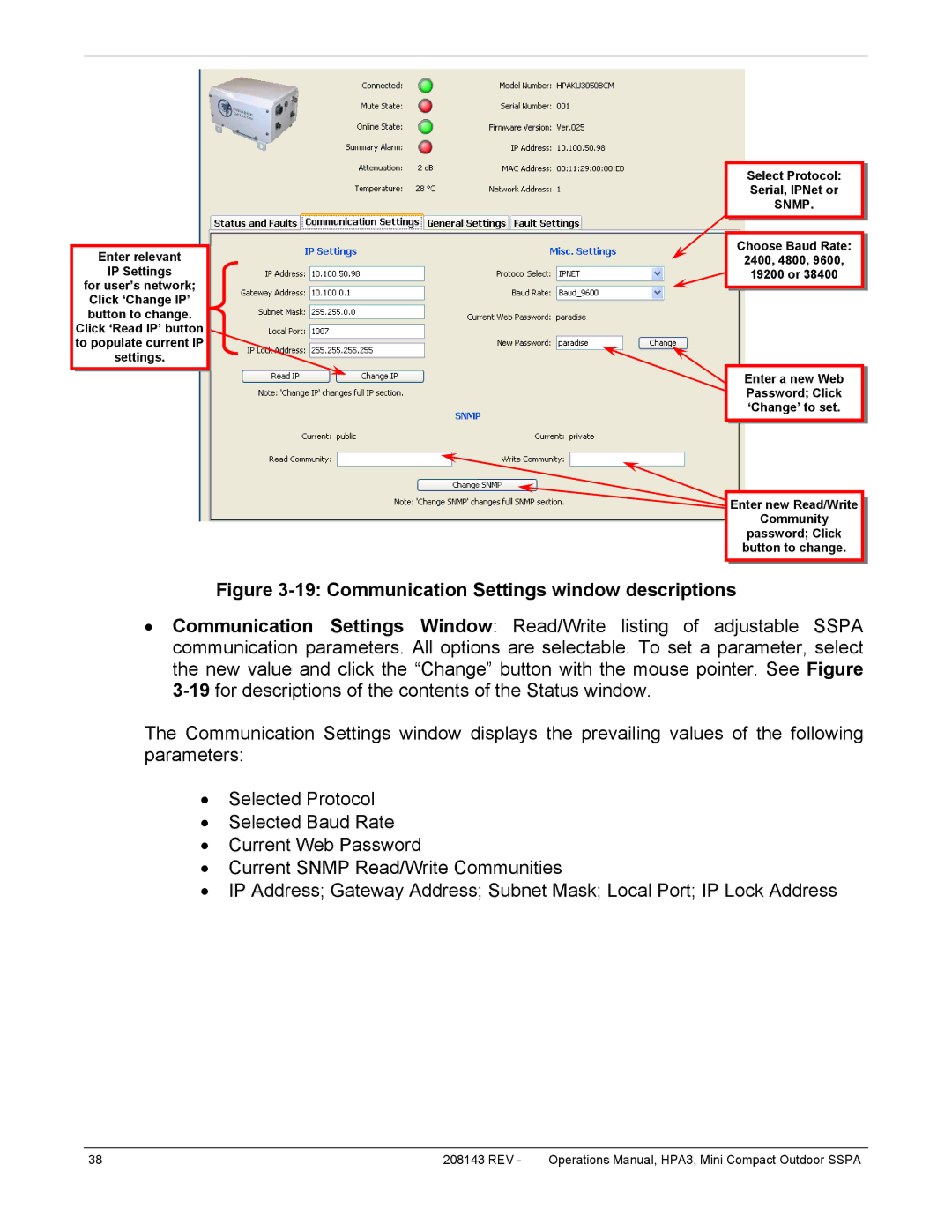 Paradise RA 5785 manual Communication Settings window descriptions 