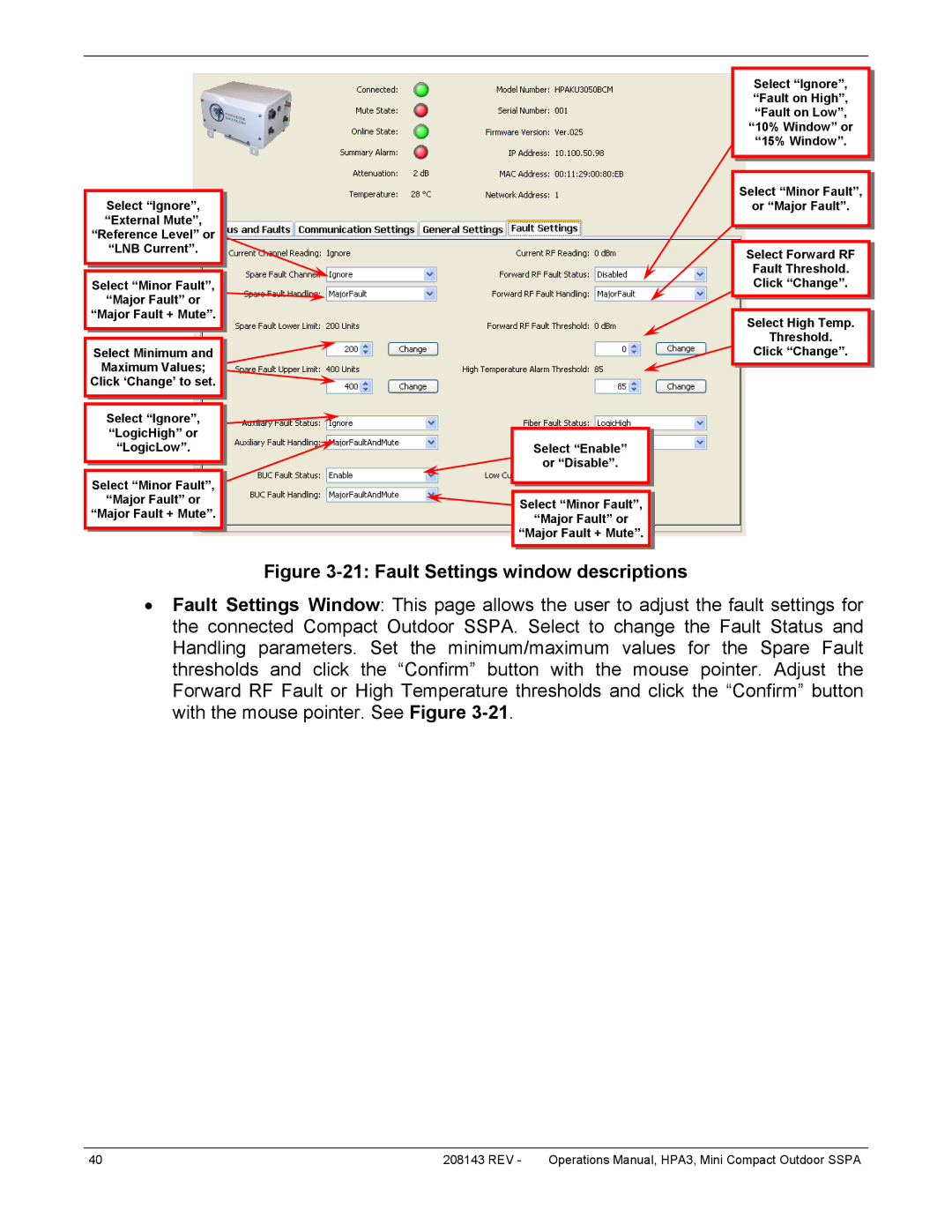 Paradise RA 5785 manual Fault Settings window descriptions 