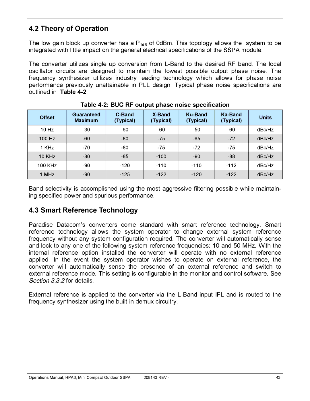 Paradise RA 5785 manual Theory of Operation, Smart Reference Technology, BUC RF output phase noise specification 