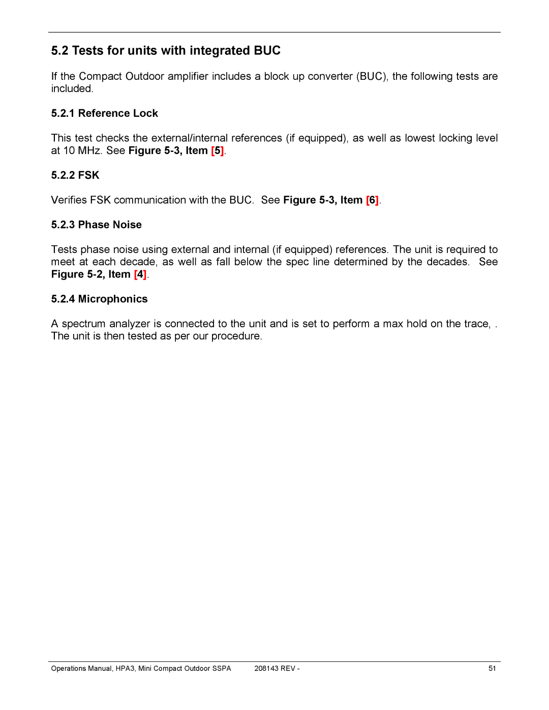 Paradise RA 5785 manual Tests for units with integrated BUC, Reference Lock, 2 FSK, Phase Noise, Microphonics 