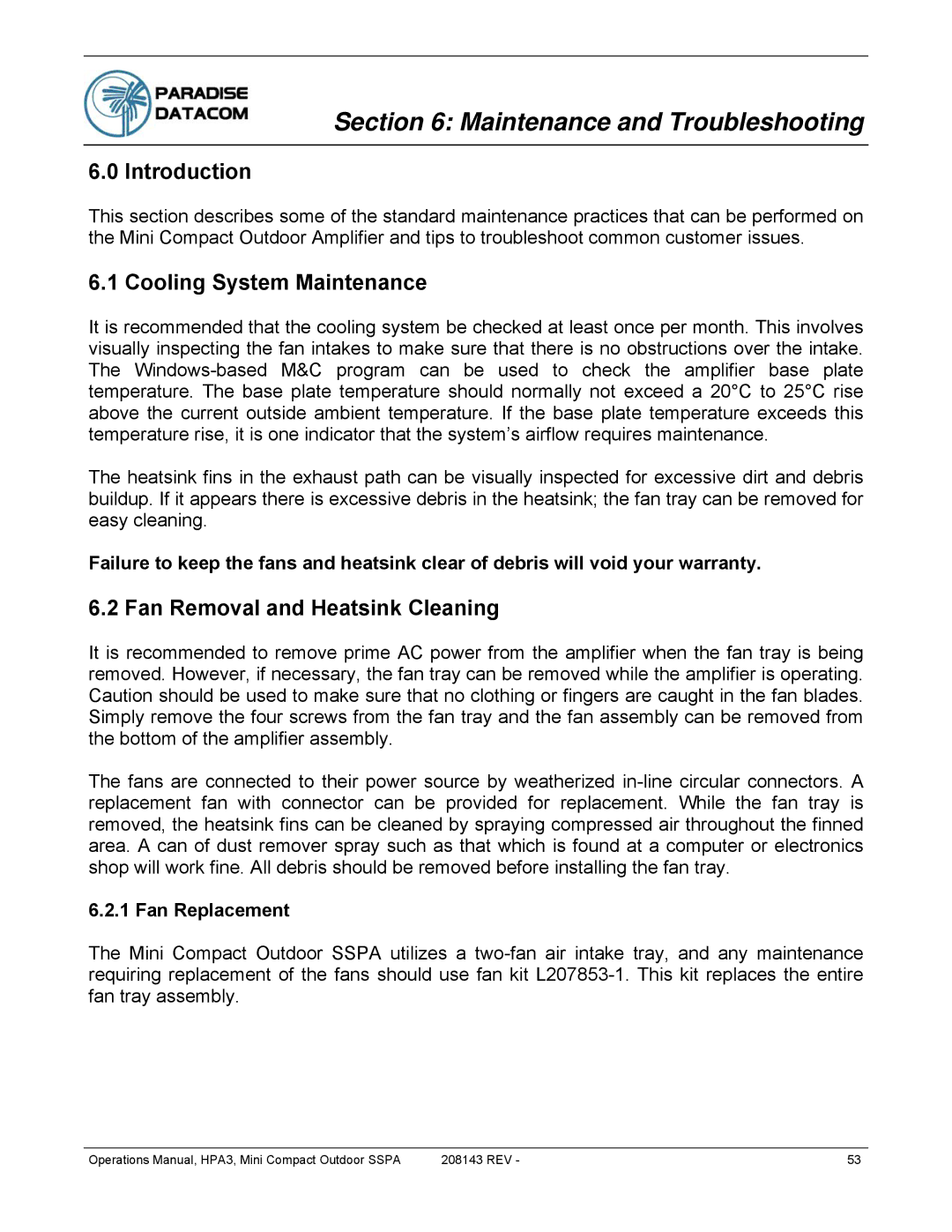 Paradise RA 5785 manual Maintenance and Troubleshooting, Cooling System Maintenance, Fan Removal and Heatsink Cleaning 