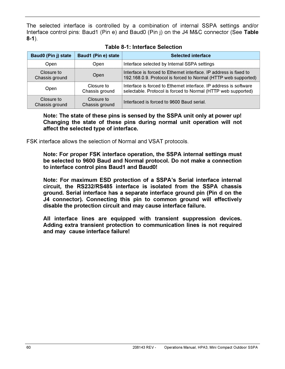 Paradise RA 5785 manual Interface Selection, Baud0 Pin j state Baud1 Pin e state Selected interface 