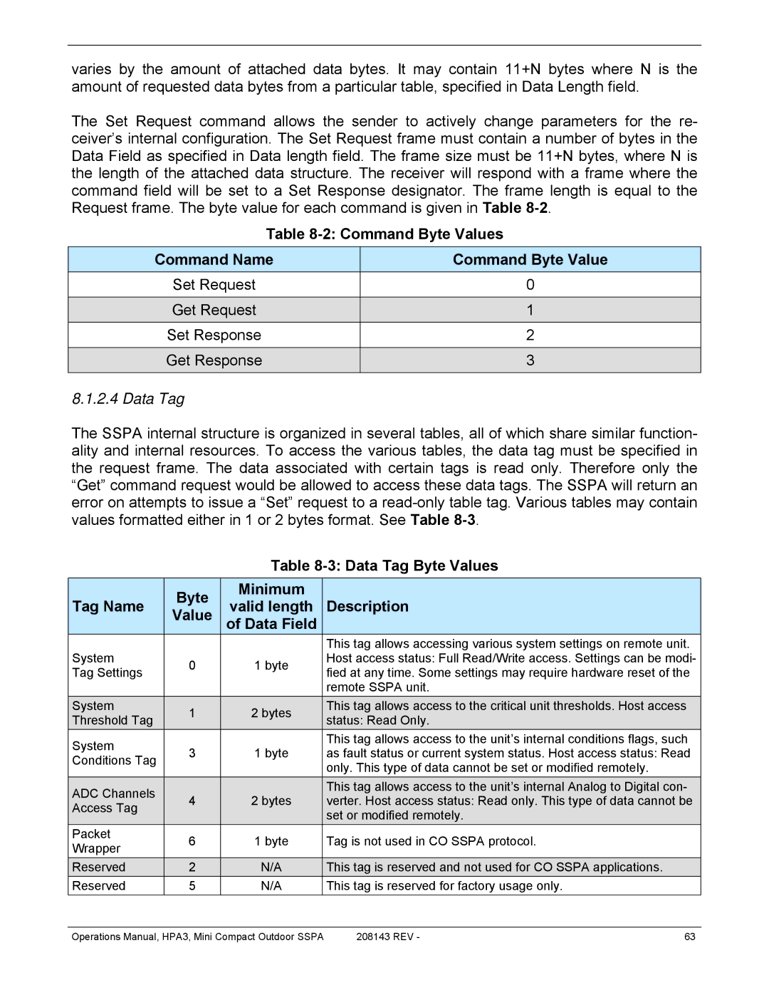 Paradise RA 5785 manual Command Byte Values Command Name, Data Tag, Data Field 