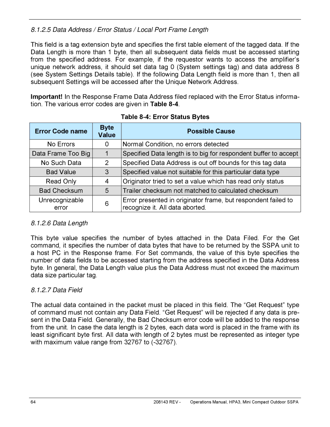 Paradise RA 5785 manual Data Address / Error Status / Local Port Frame Length, Error Status Bytes, Data Length, Data Field 