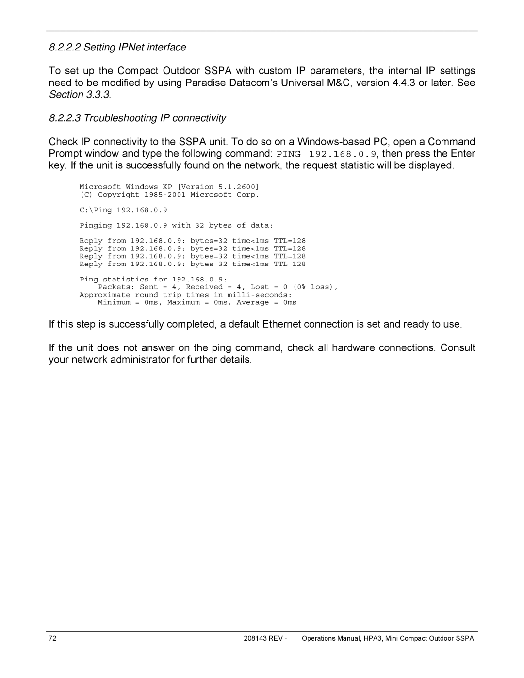 Paradise RA 5785 manual Setting IPNet interface, Troubleshooting IP connectivity 