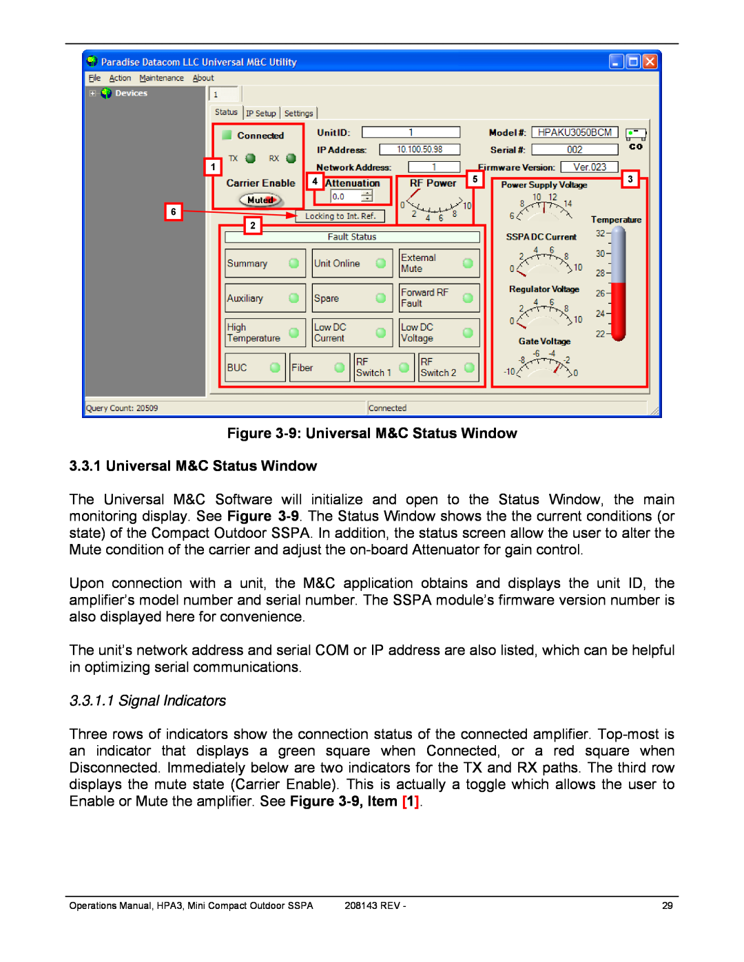 Paradise RA 5785 manual 9 Universal M&C Status Window, Signal Indicators 