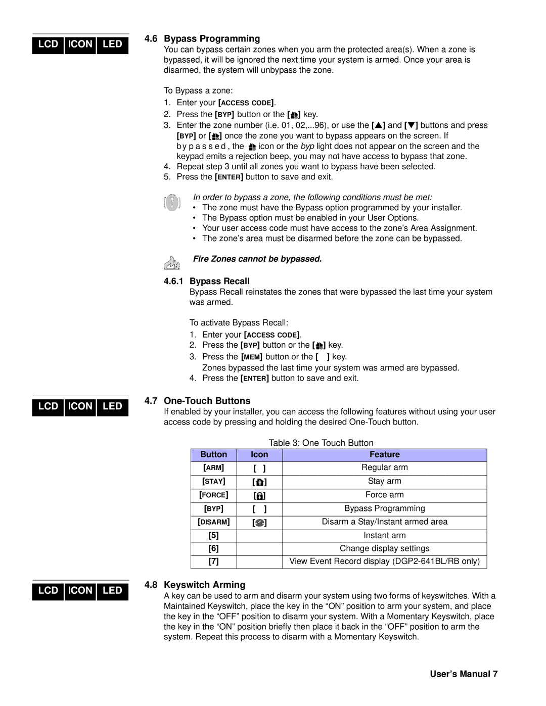 Paradox Hellas S.A DGP2-648BL, DGP2-641BL, DGP2-640, DGP2-641RB manual Bypass Programming, One-Touch Buttons, Keyswitch Arming 