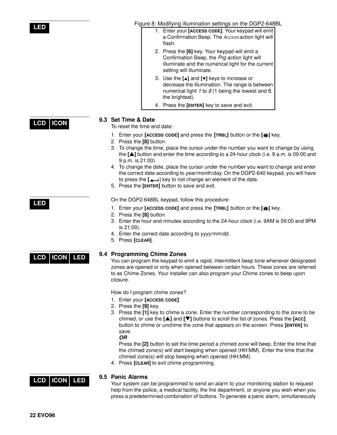 Paradox Hellas S.A DGP2-648BL, DGP2-641BL, DGP2-640 manual Set Time & Date, Programming Chime Zones, Panic Alarms, 22 EVO96 