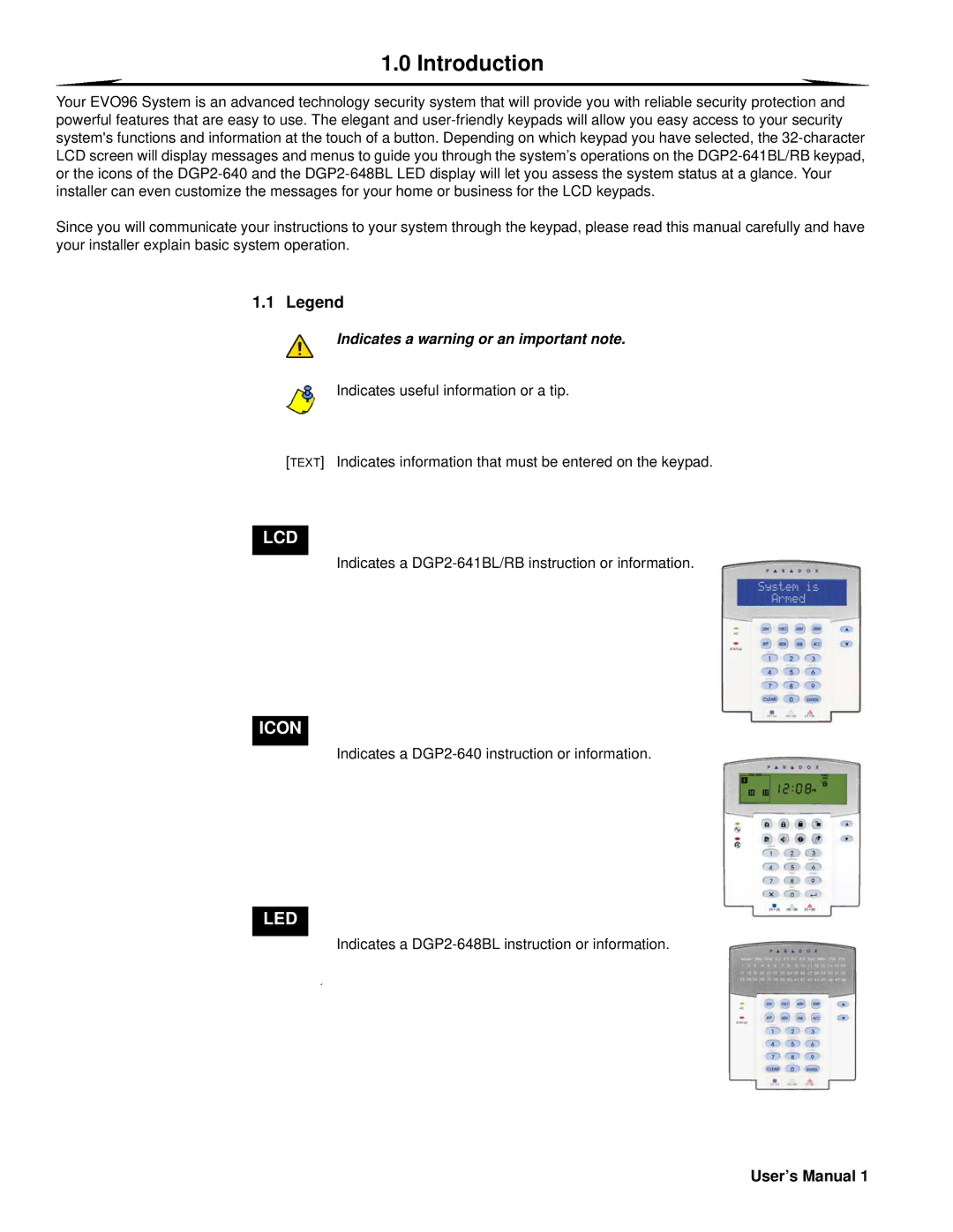 Paradox Hellas S.A EVO96, DGP2-648BL, DGP2-641BL, DGP2-640, DGP2-641RB manual Introduction, User’s Manual 