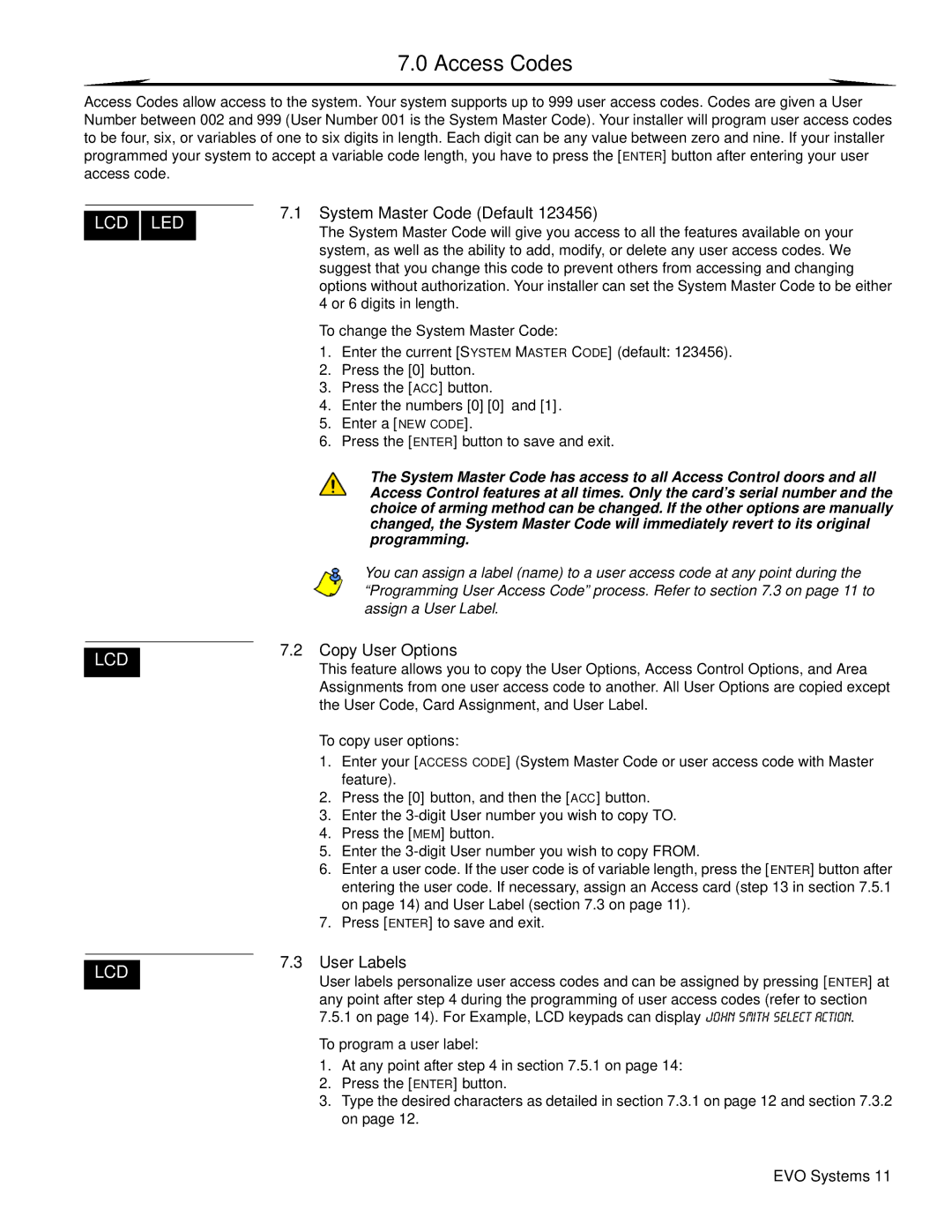 Paradox Hellas S.A EVO48, EVO192 manual Access Codes, System Master Code Default, Copy User Options, User Labels 