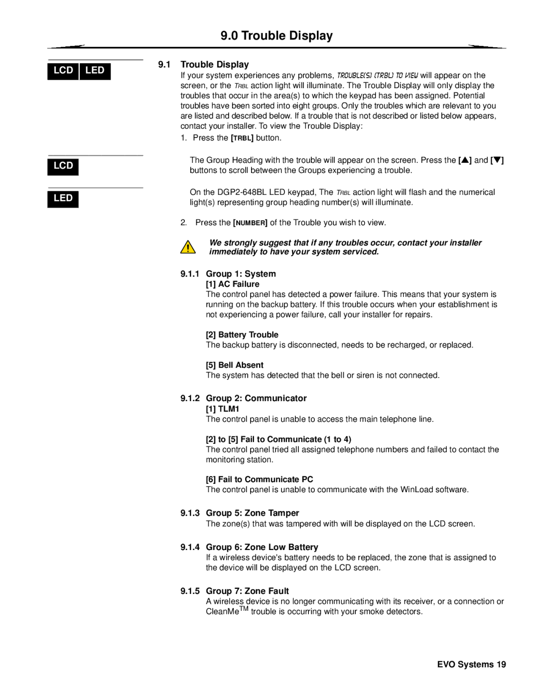 Paradox Hellas S.A EVO48, EVO192 manual Trouble Display 