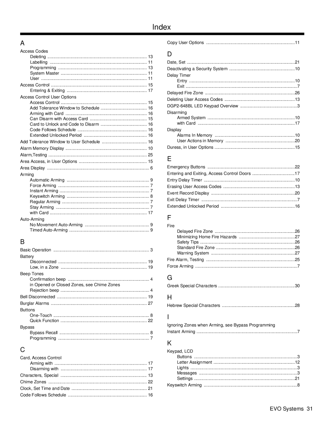 Paradox Hellas S.A EVO48, EVO192 manual Index, Arming with Card 