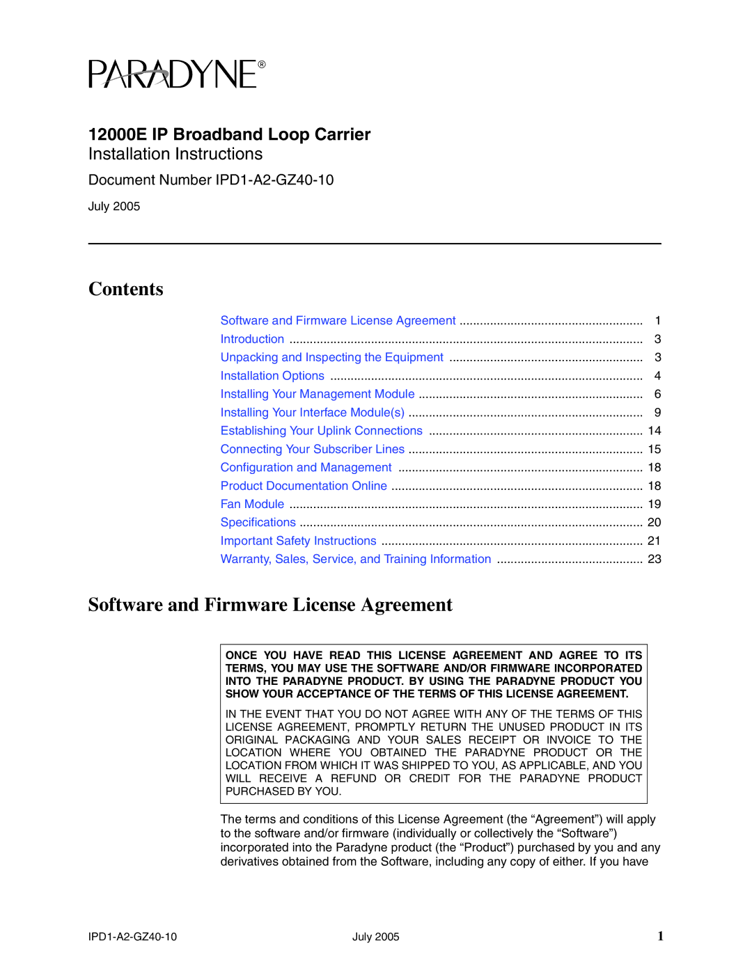 Paradyne 12000E installation instructions Contents, Software and Firmware License Agreement 