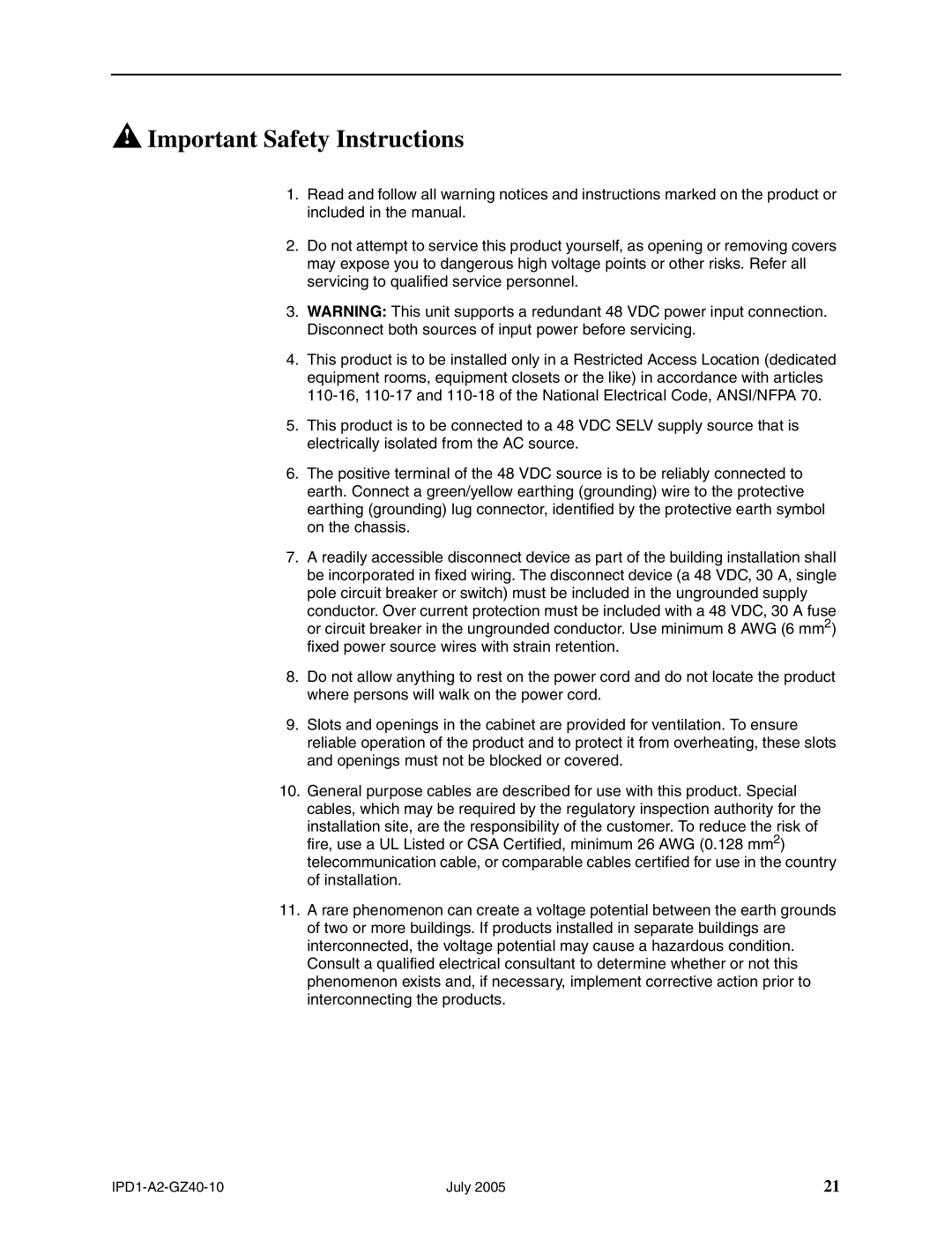 Paradyne 12000E installation instructions Important Safety Instructions 