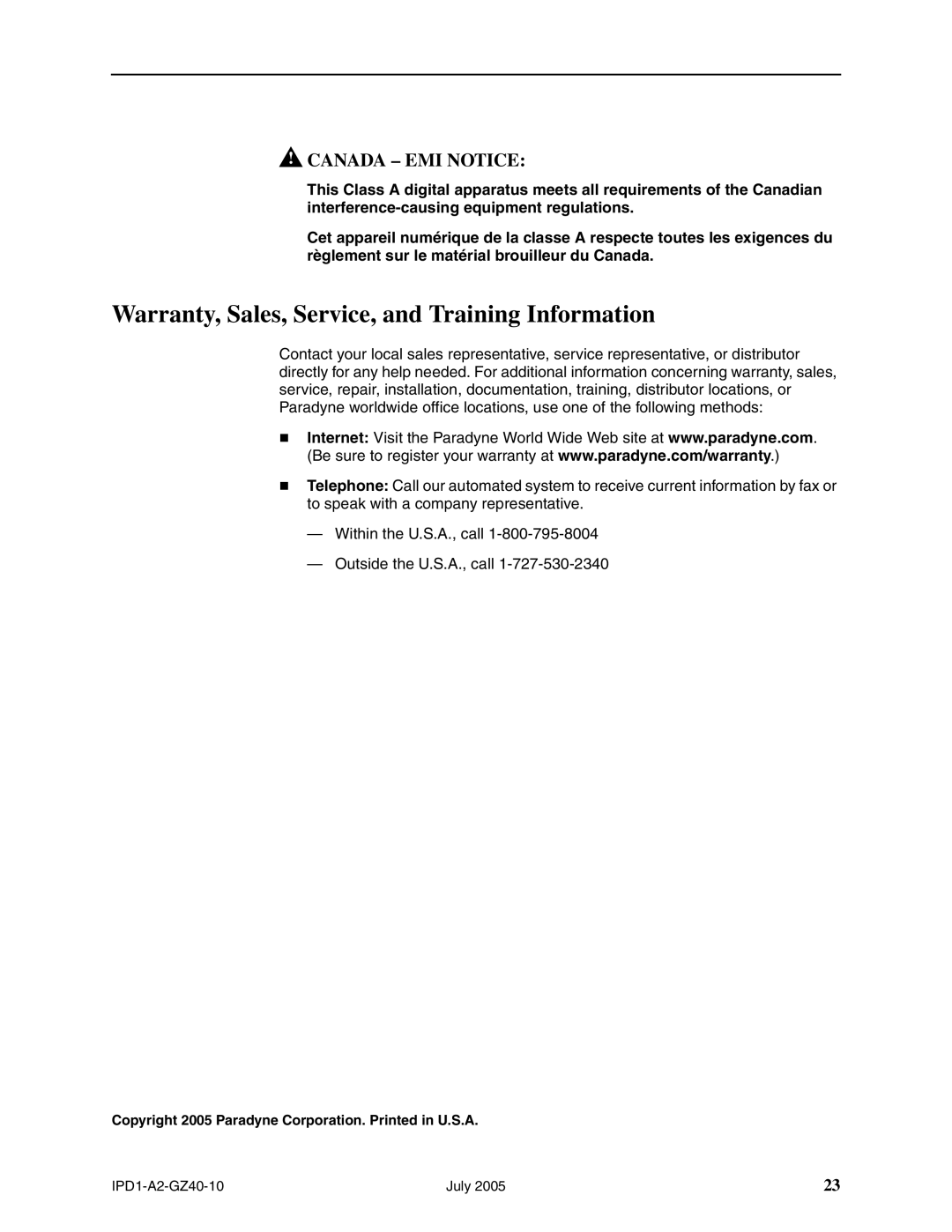 Paradyne 12000E installation instructions Warranty, Sales, Service, and Training Information, Canada EMI Notice 