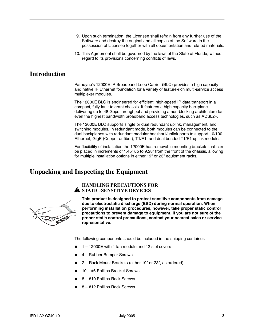 Paradyne 12000E installation instructions Introduction, Unpacking and Inspecting the Equipment 