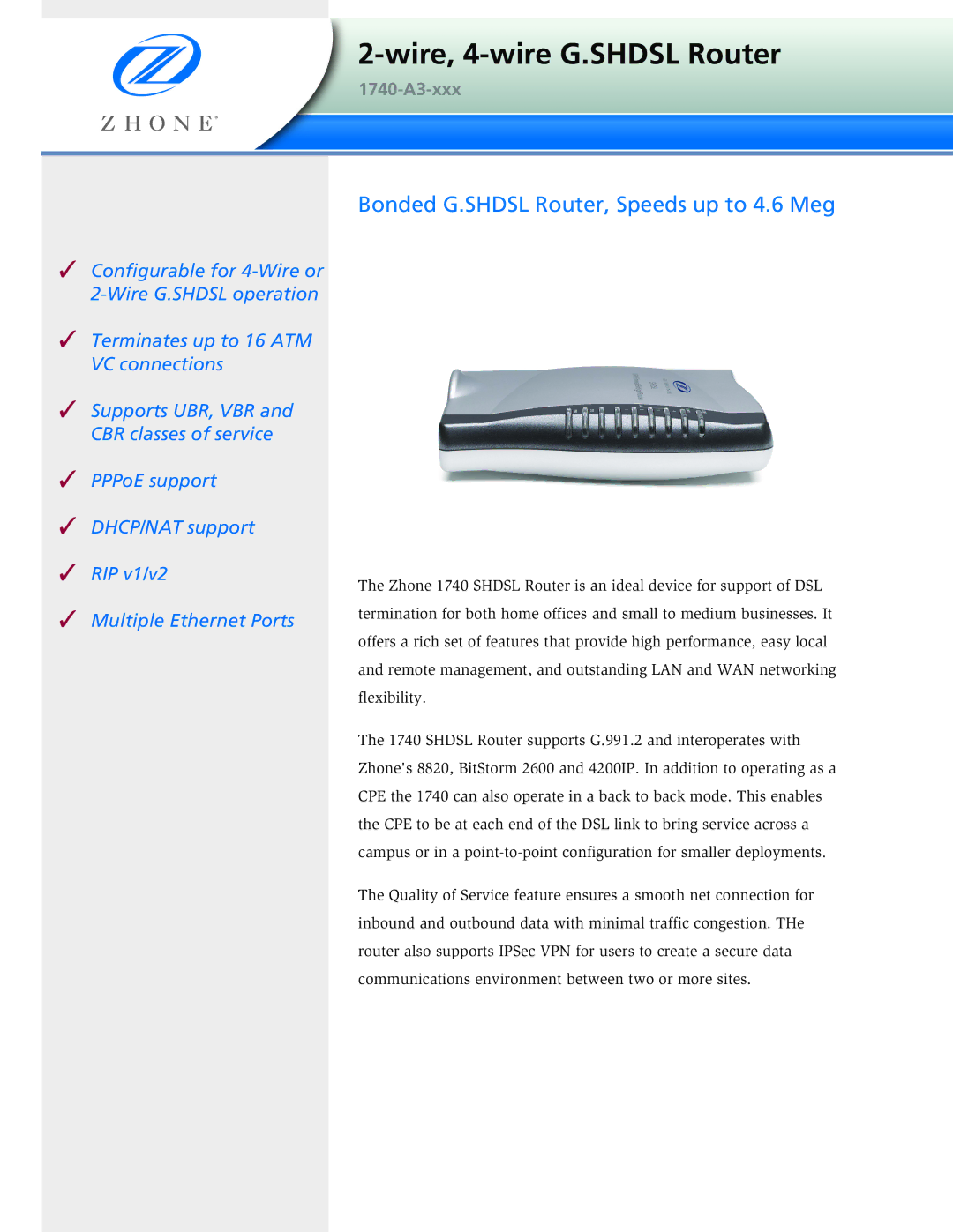 Paradyne 1740-A3-xxx manual Wire, 4-wire G.SHDSL Router, Bonded G.SHDSL Router, Speeds up to 4.6 Meg 