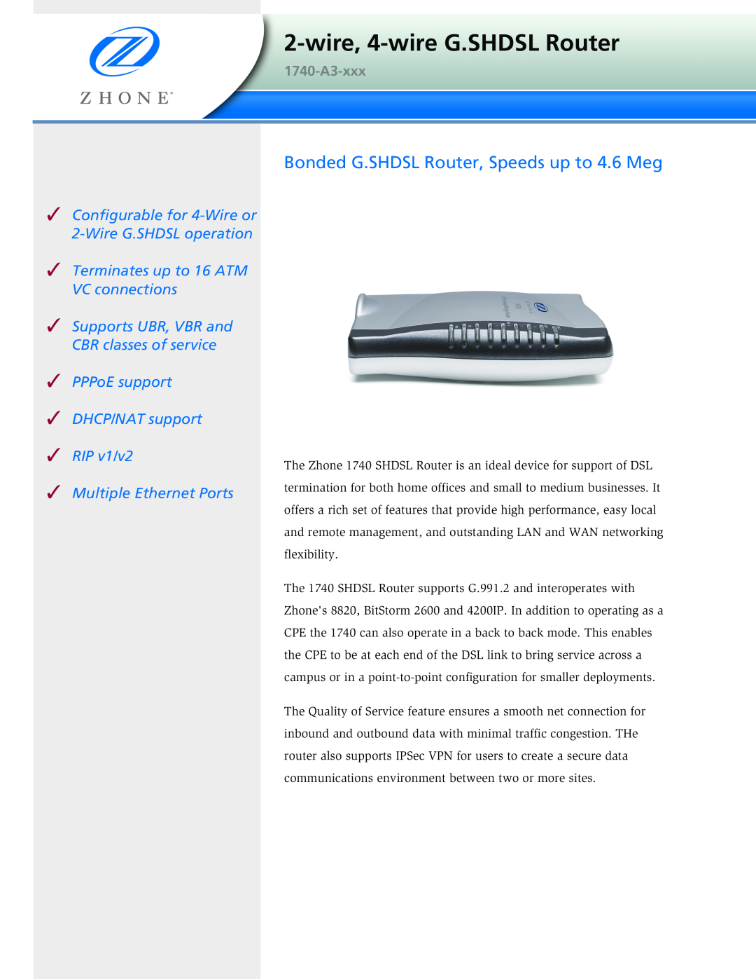 Paradyne 1740-A3-xxx manual Bonded G.SHDSL Router, Speeds up to 4.6 Meg, wire, 4-wire G.SHDSL Router 