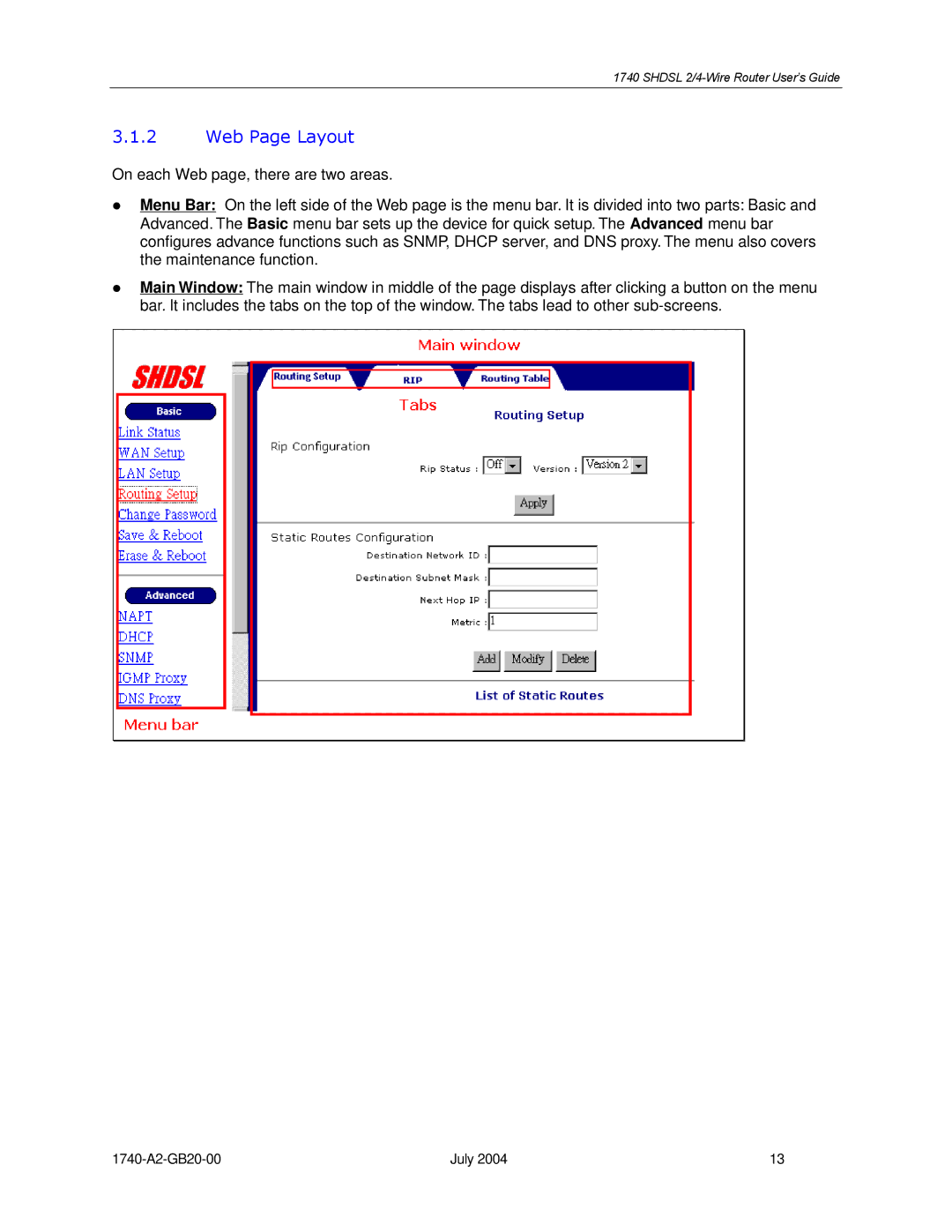 Paradyne 1740 SHDSL manual Web Page Layout 