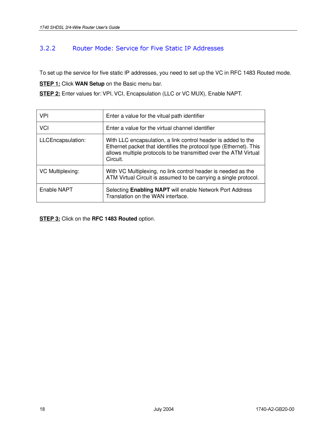 Paradyne 1740 SHDSL manual Router Mode Service for Five Static IP Addresses 