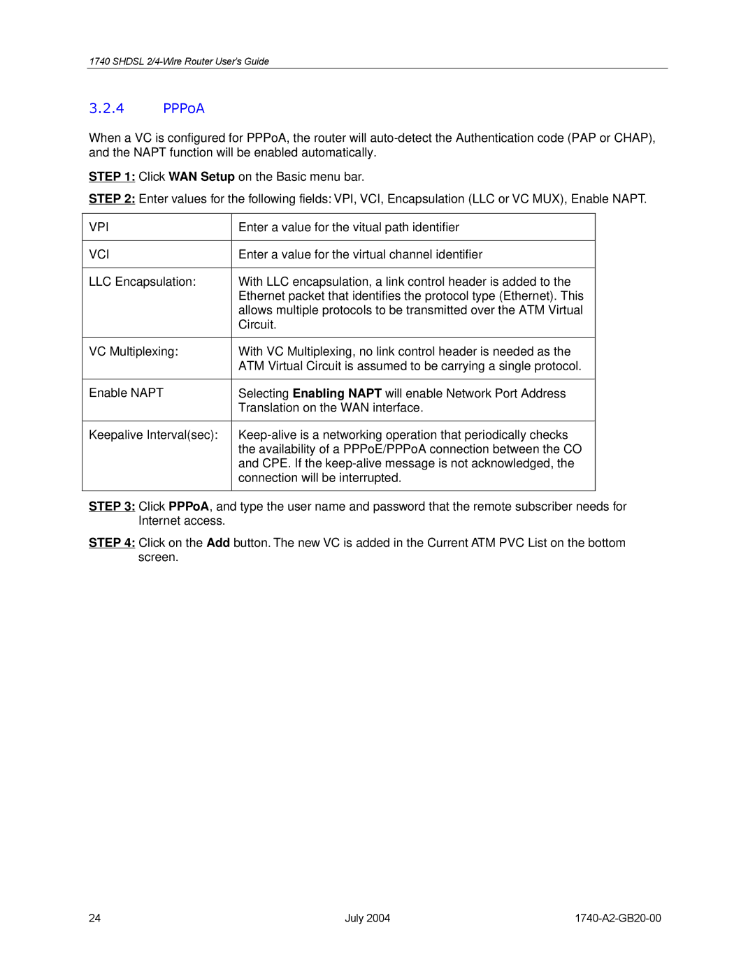 Paradyne 1740 SHDSL manual PPPoA 