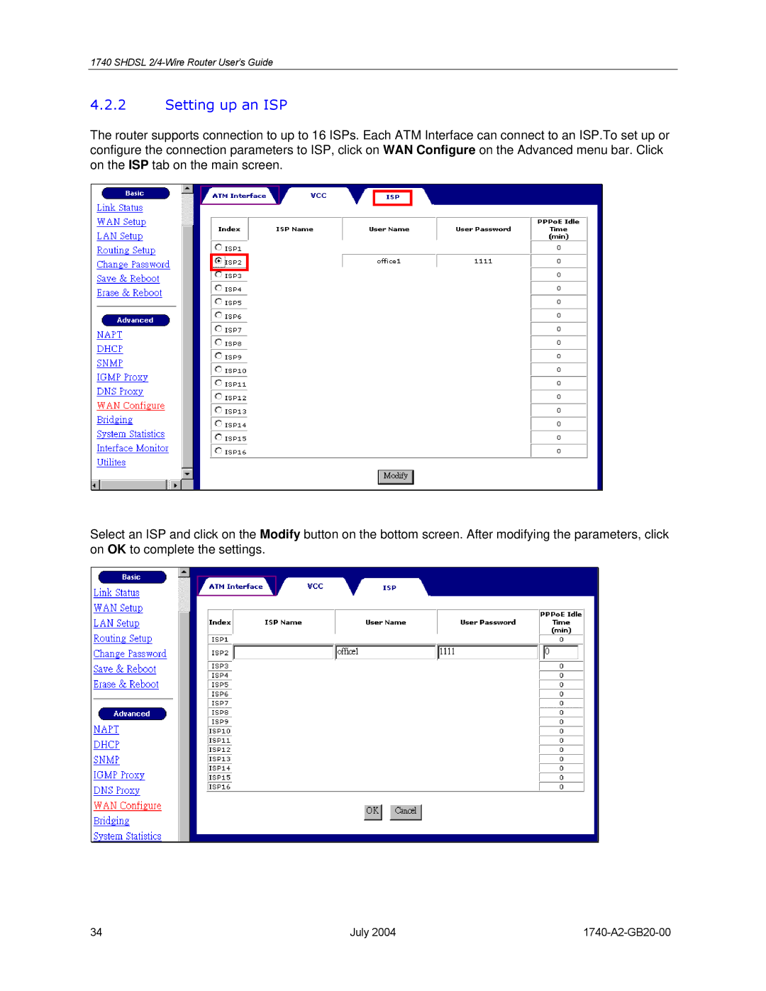 Paradyne 1740 SHDSL manual Setting up an ISP 