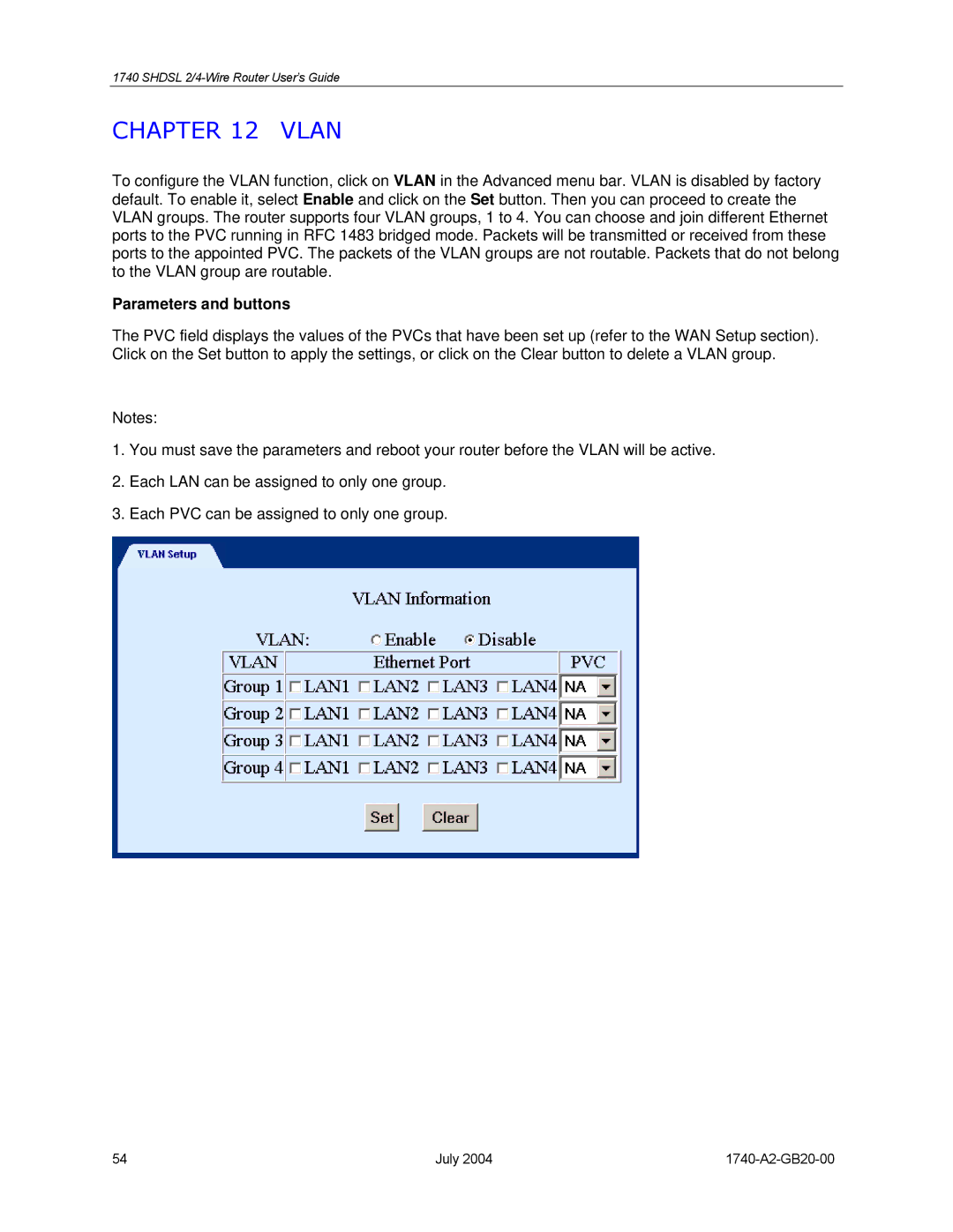 Paradyne 1740 SHDSL manual Vlan, Parameters and buttons 