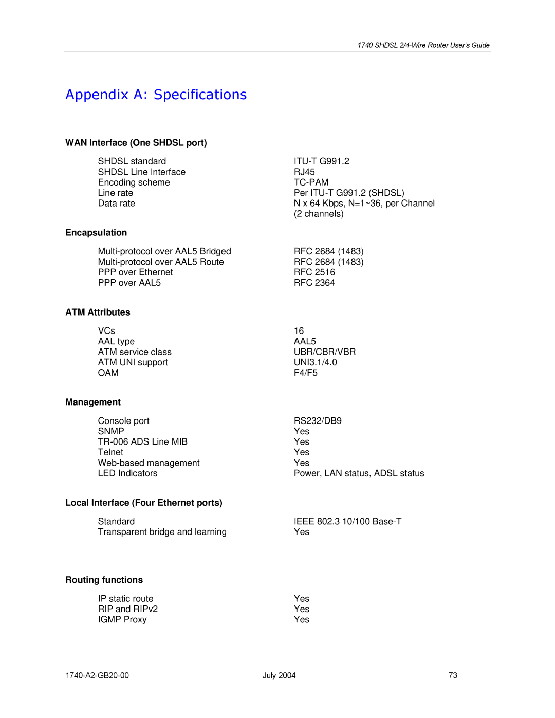 Paradyne 1740 SHDSL manual Appendix a Specifications 