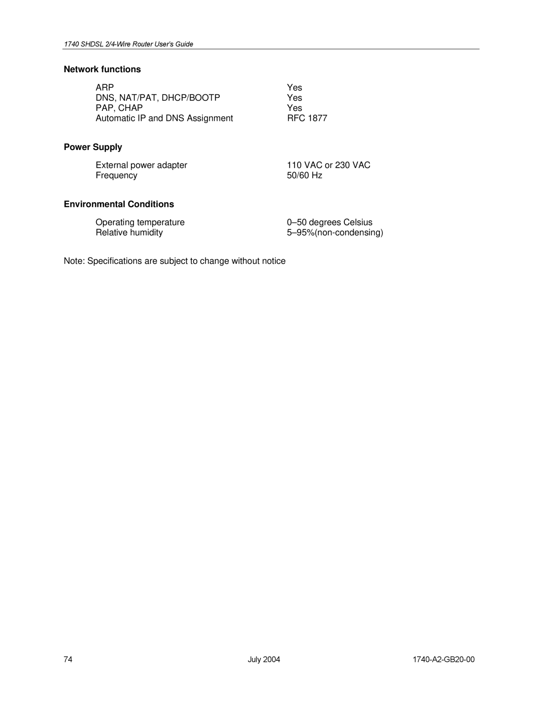 Paradyne 1740 SHDSL manual Network functions, Power Supply, Environmental Conditions 