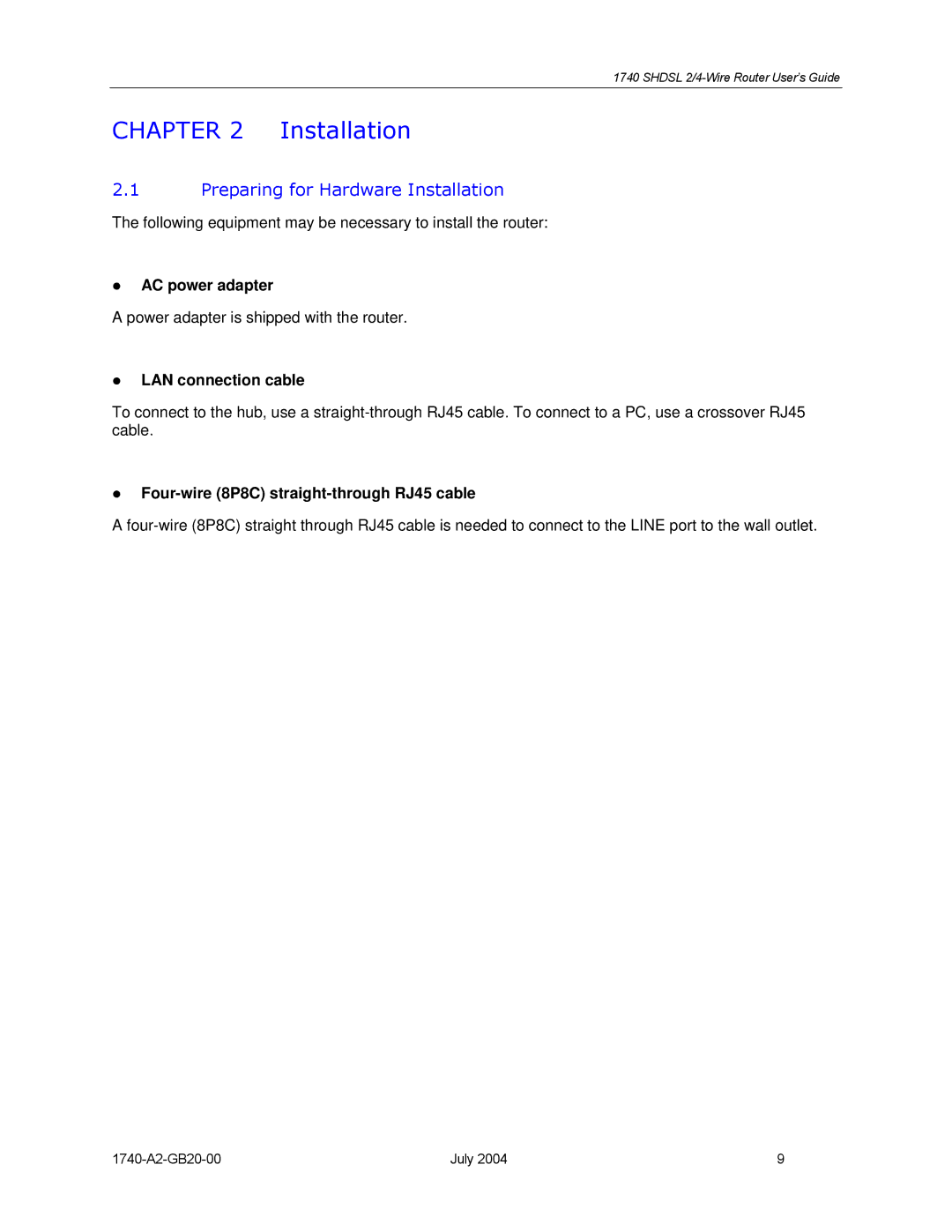 Paradyne 1740 SHDSL manual Preparing for Hardware Installation, AC power adapter, LAN connection cable 