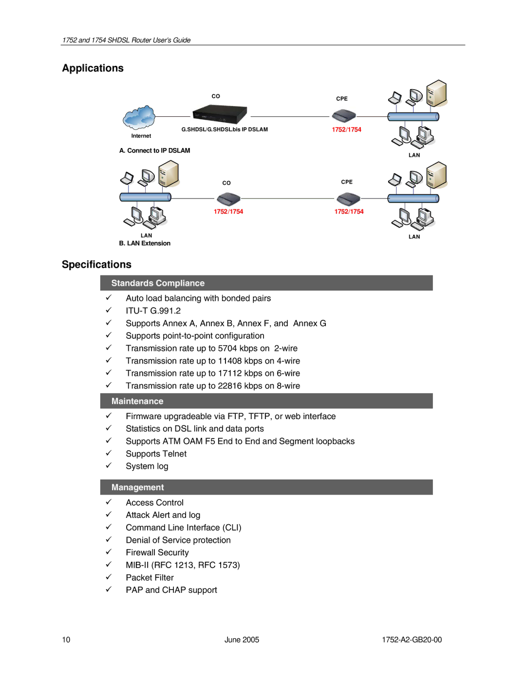 Paradyne 1754 manual Applications, Specifications 