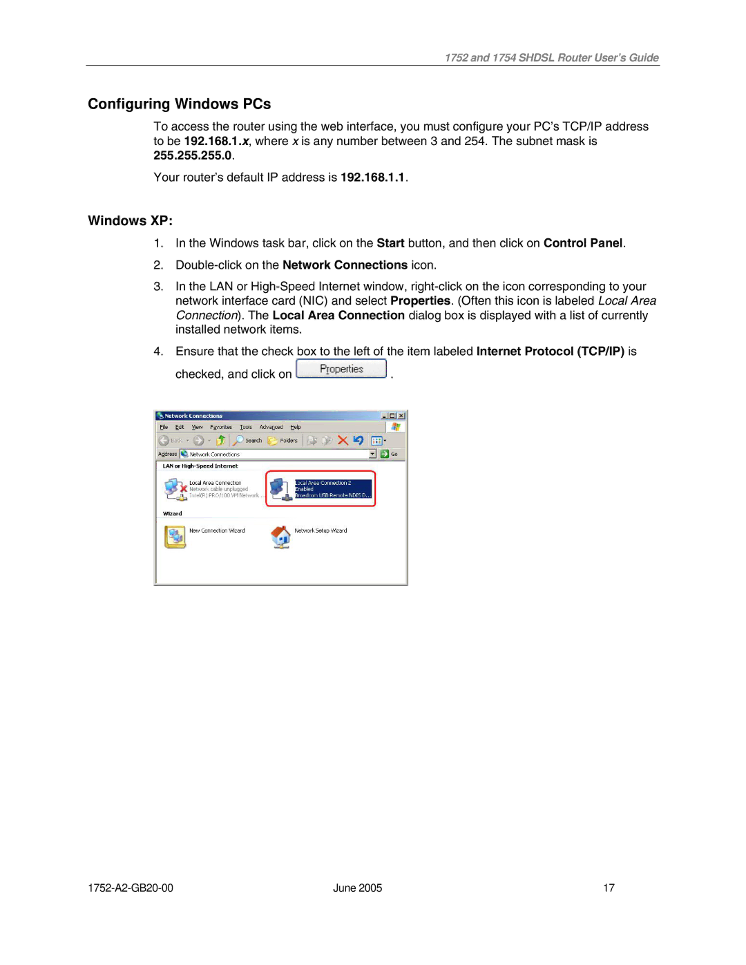 Paradyne 1754 manual Configuring Windows PCs, Windows XP 