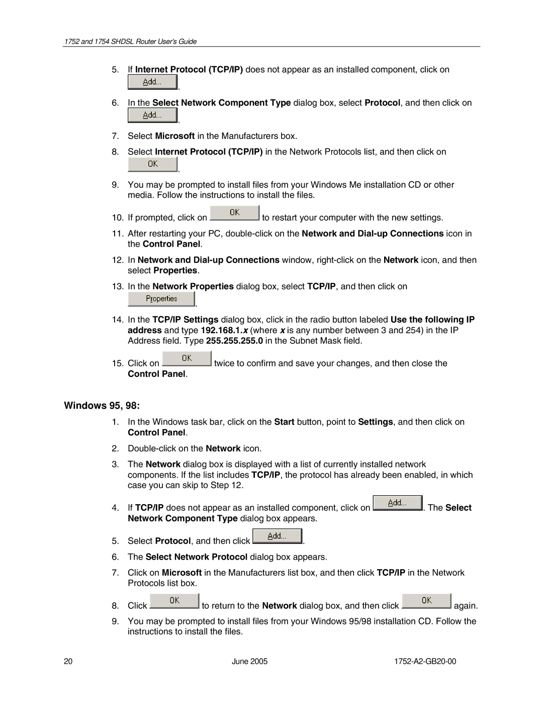 Paradyne 1754 manual Windows 95, Select Network Protocol dialog box appears 