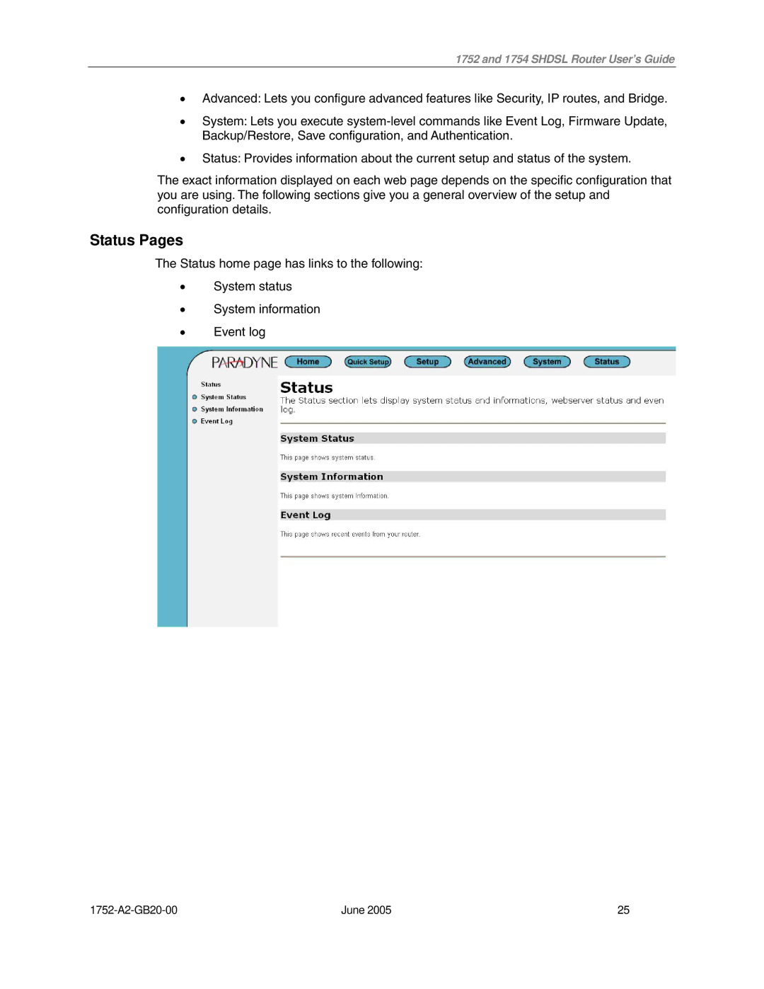 Paradyne 1754 manual Status Pages 