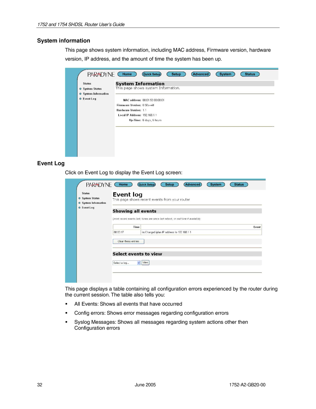 Paradyne 1754 manual System information, Event Log 