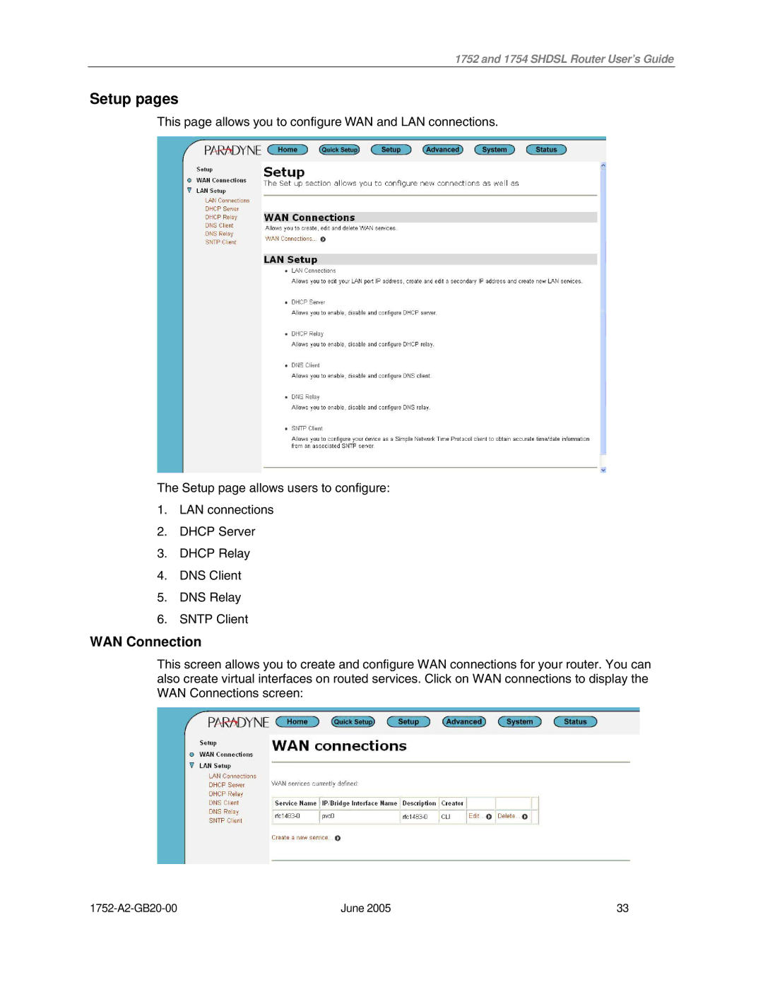 Paradyne 1754 manual Setup pages, WAN Connection 