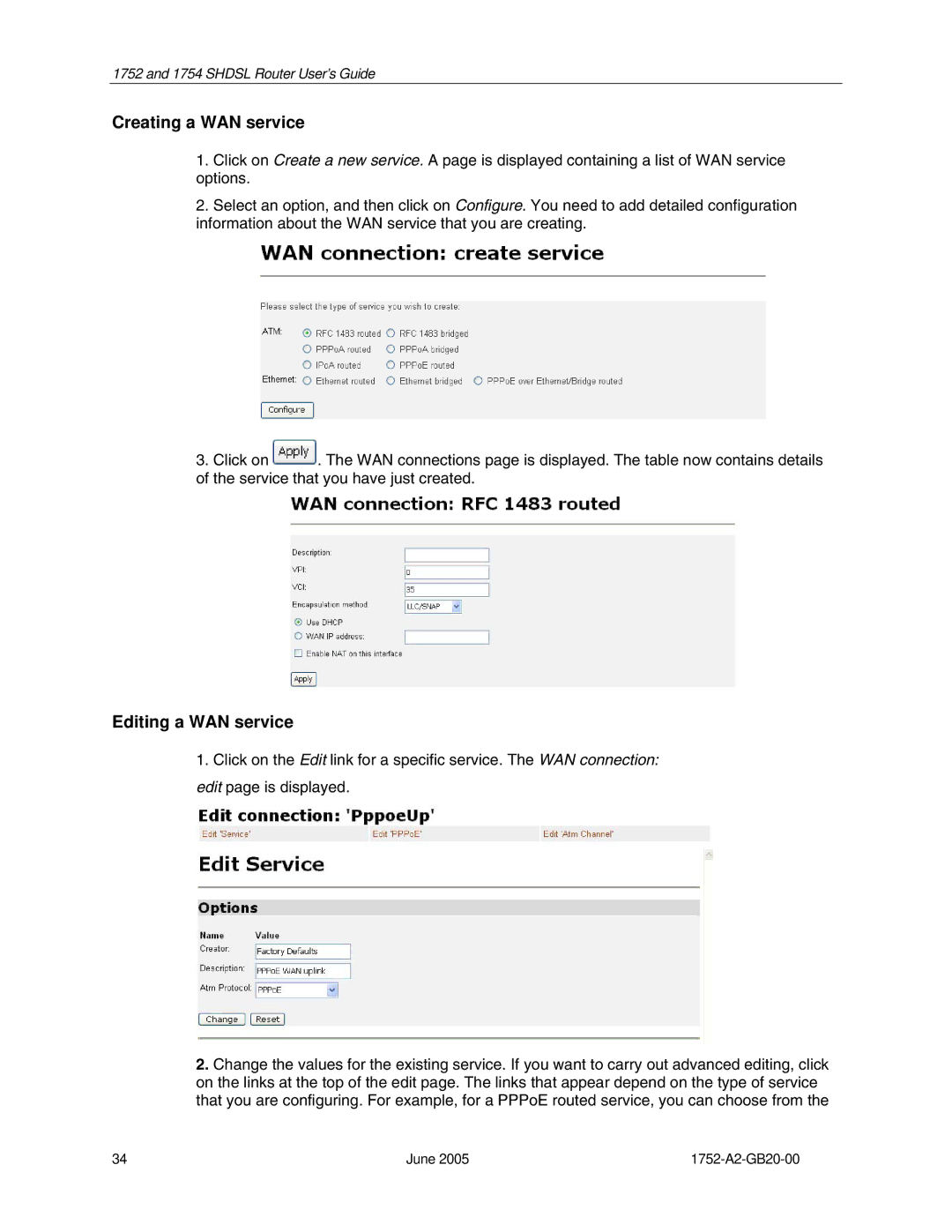 Paradyne 1754 manual Creating a WAN service, Editing a WAN service 